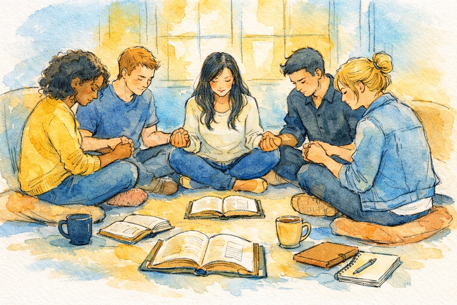 Young Christians praying together in circle with Bibles, showing spiritual community and fellowship