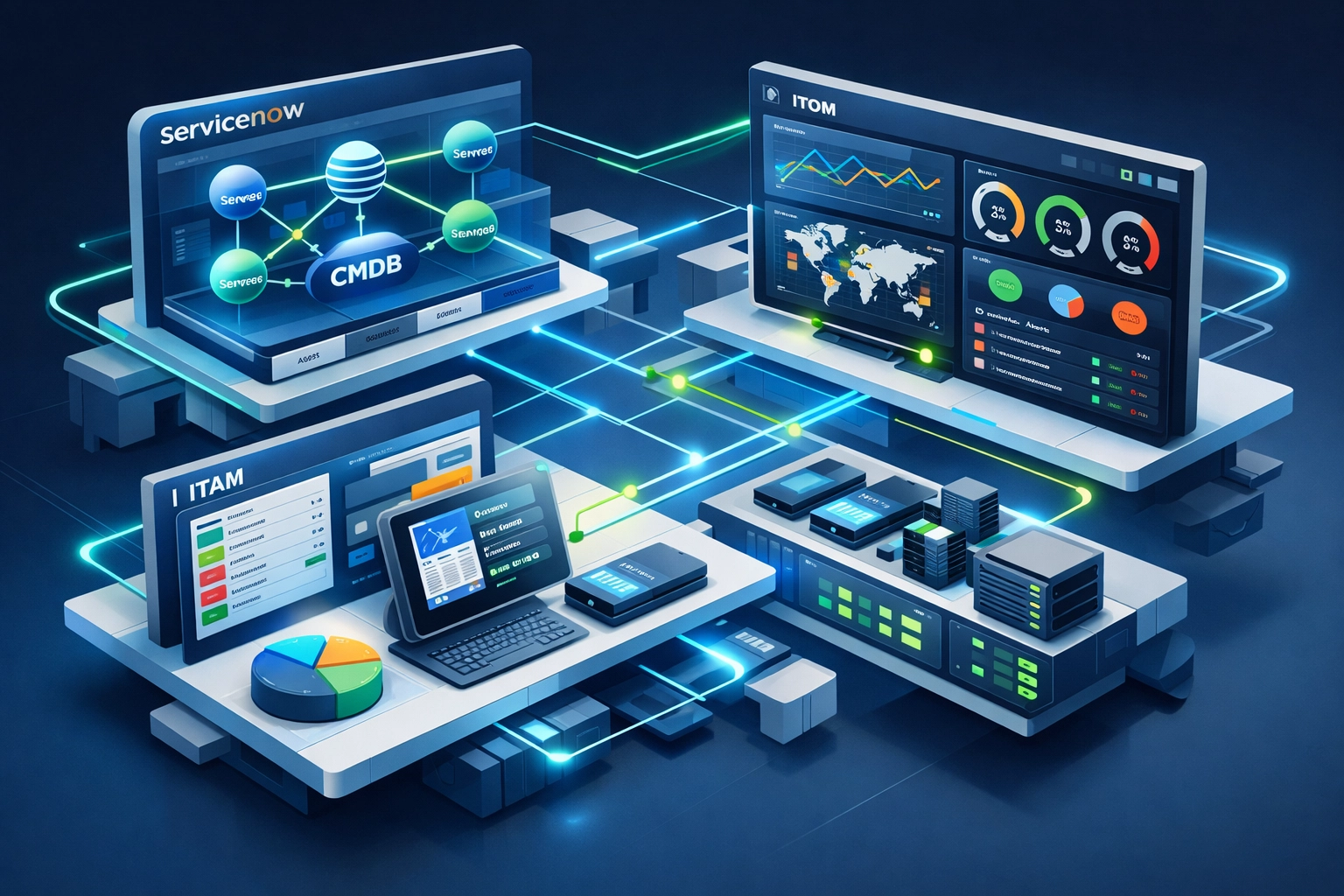 ServiceNow ITOM dashboard showing CMDB, ITAM, and monitoring capabilities for compliance management