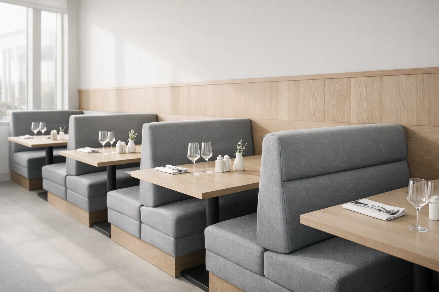 Modern restaurant interior featuring compliant slate-grey commercial upholstery and custom booths.