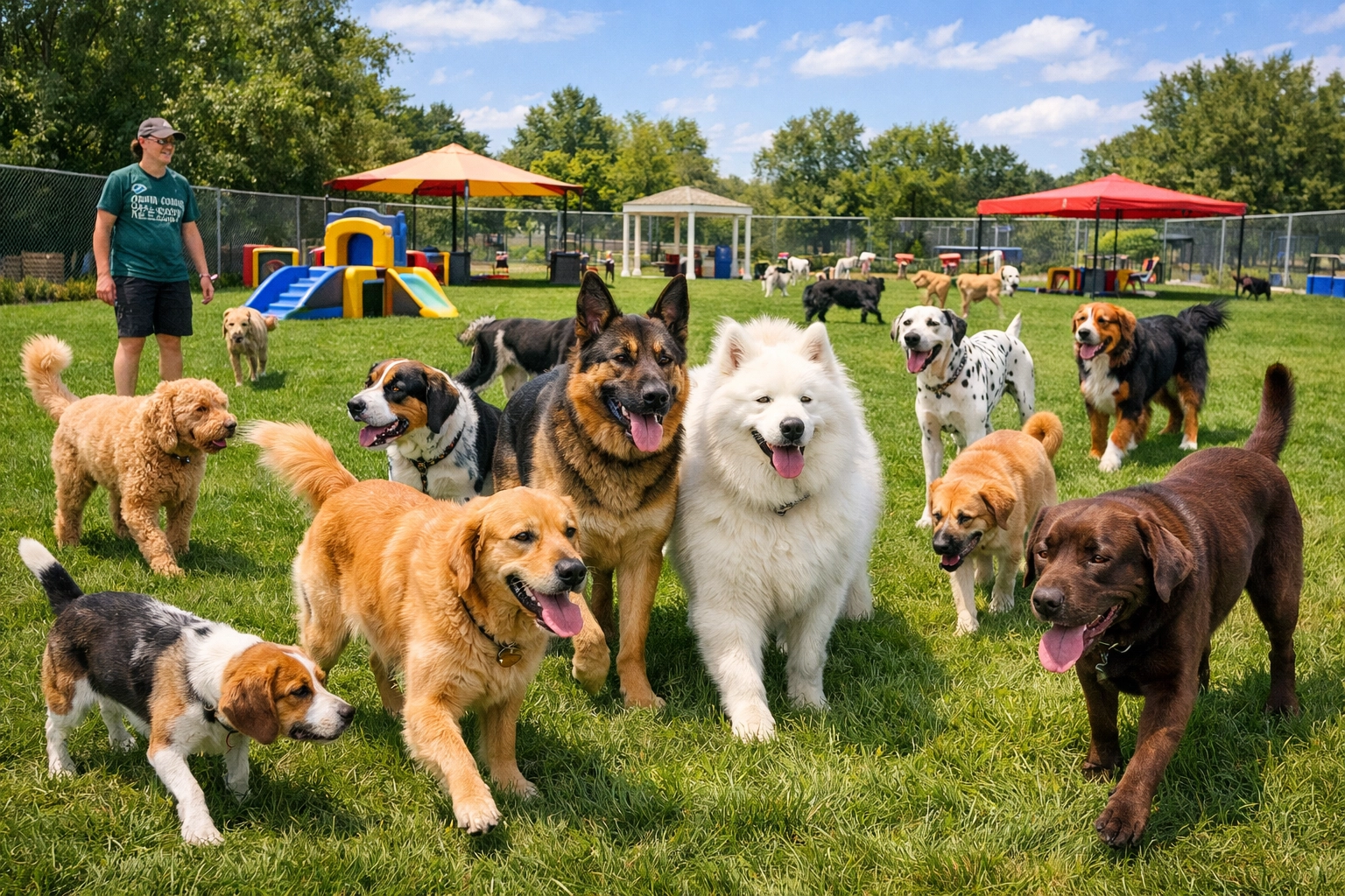 A group of friendly dogs socializing in the outdoor play yard at Green Acres K-9 Resort.