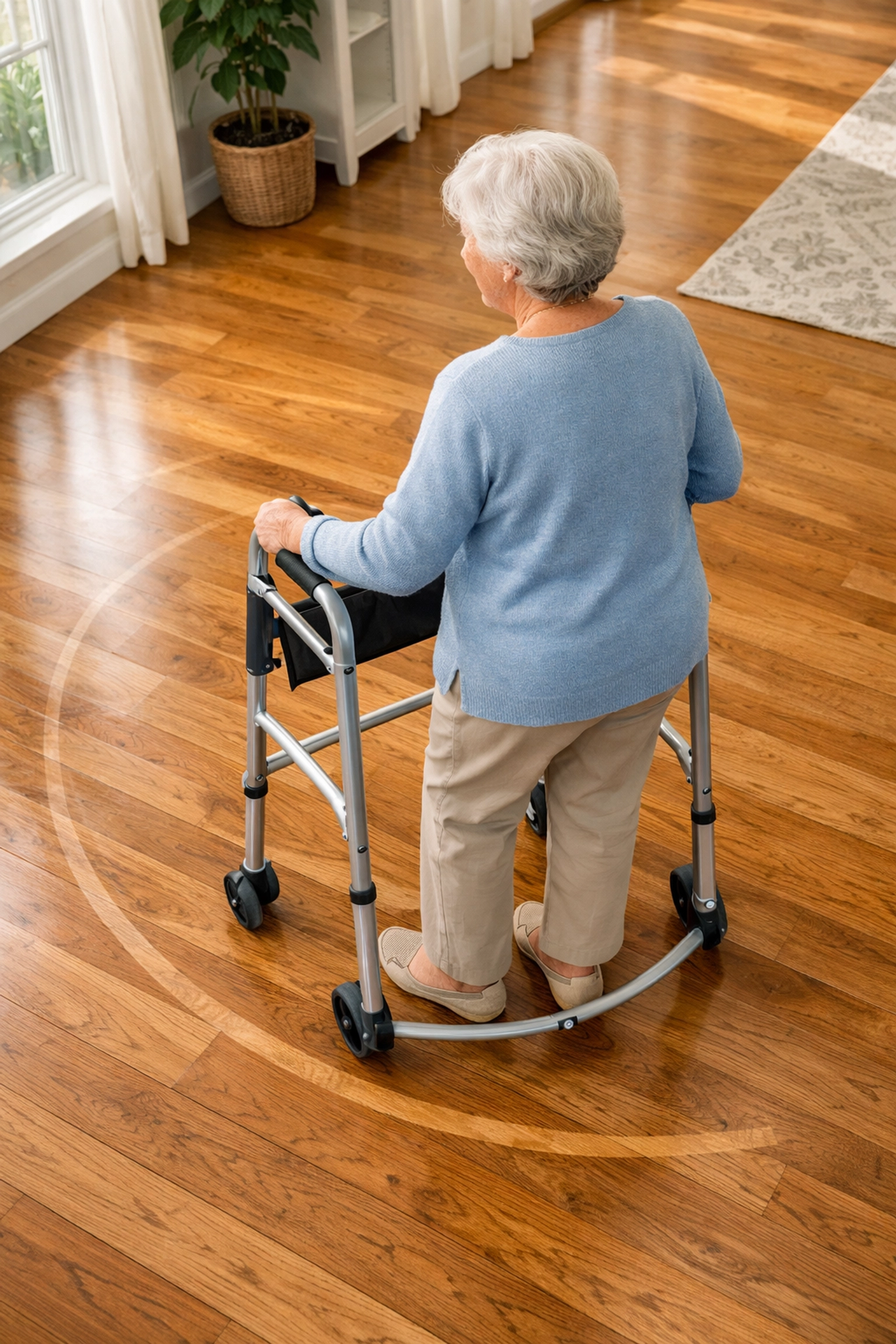 Senior woman performing a safe wide turn with a walker on a hardwood floor.