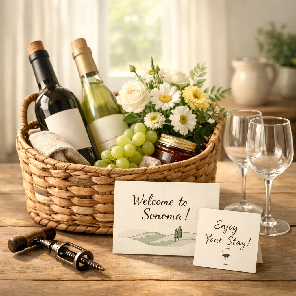 Personalized welcome basket with local Sonoma wine and amenities for vacation rental guests