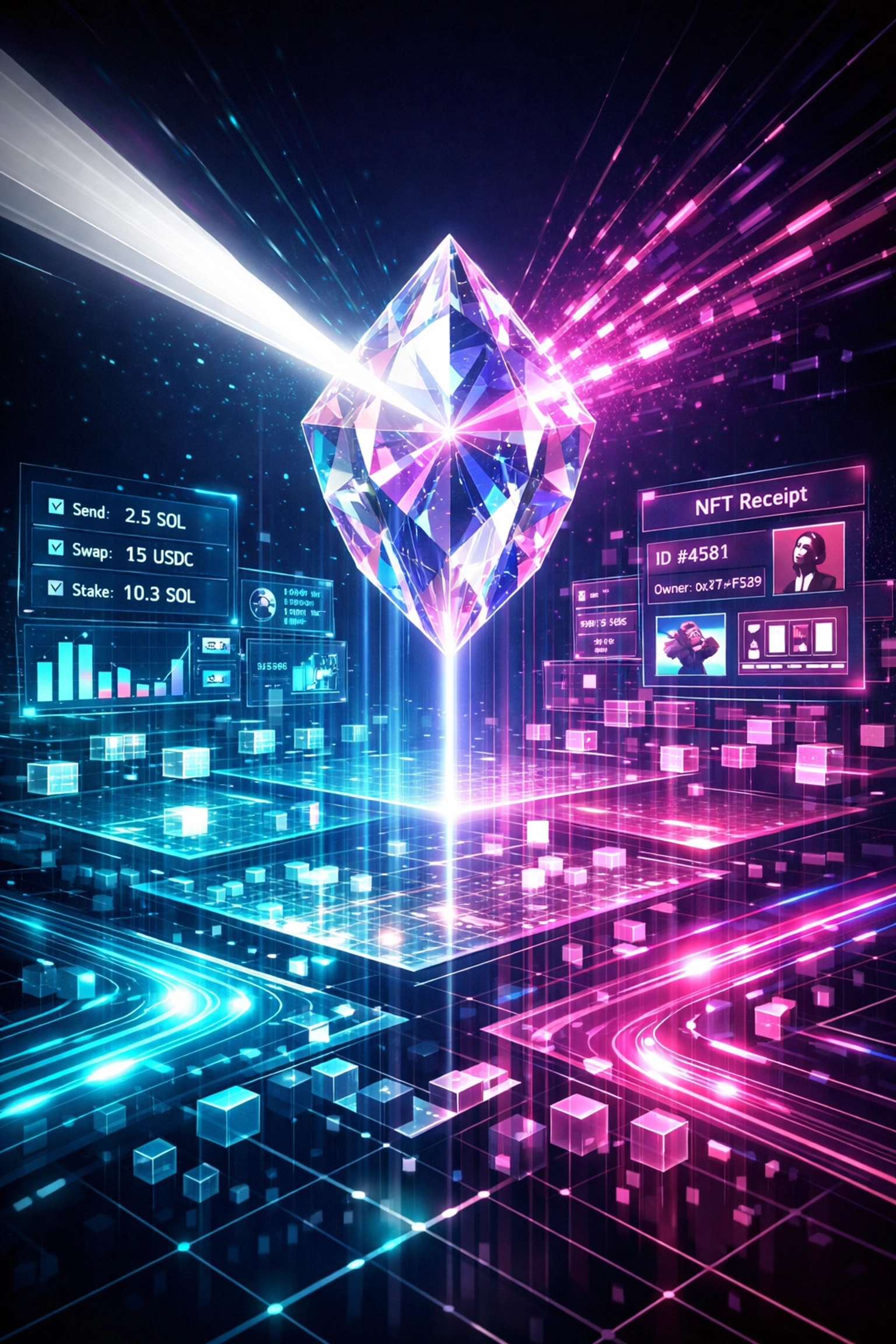 Decentralized NFT receipts and programmable money data on a high-tech blockchain grid.