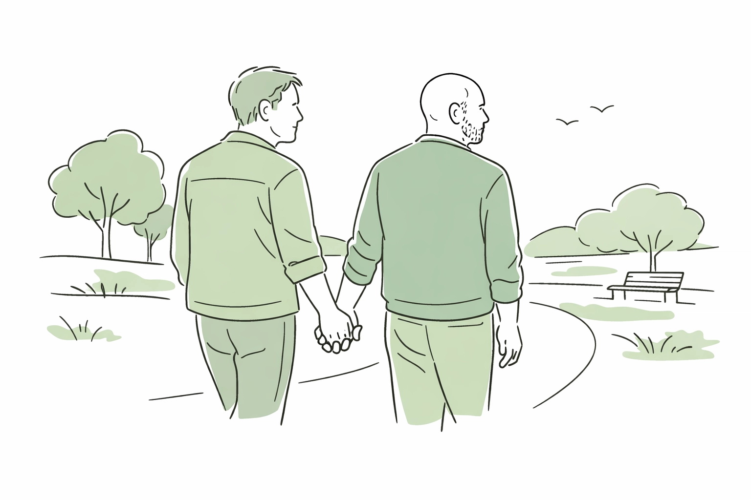 Middle-aged gay couple holding hands in a park, representing a new journey and gay love stories later in life.