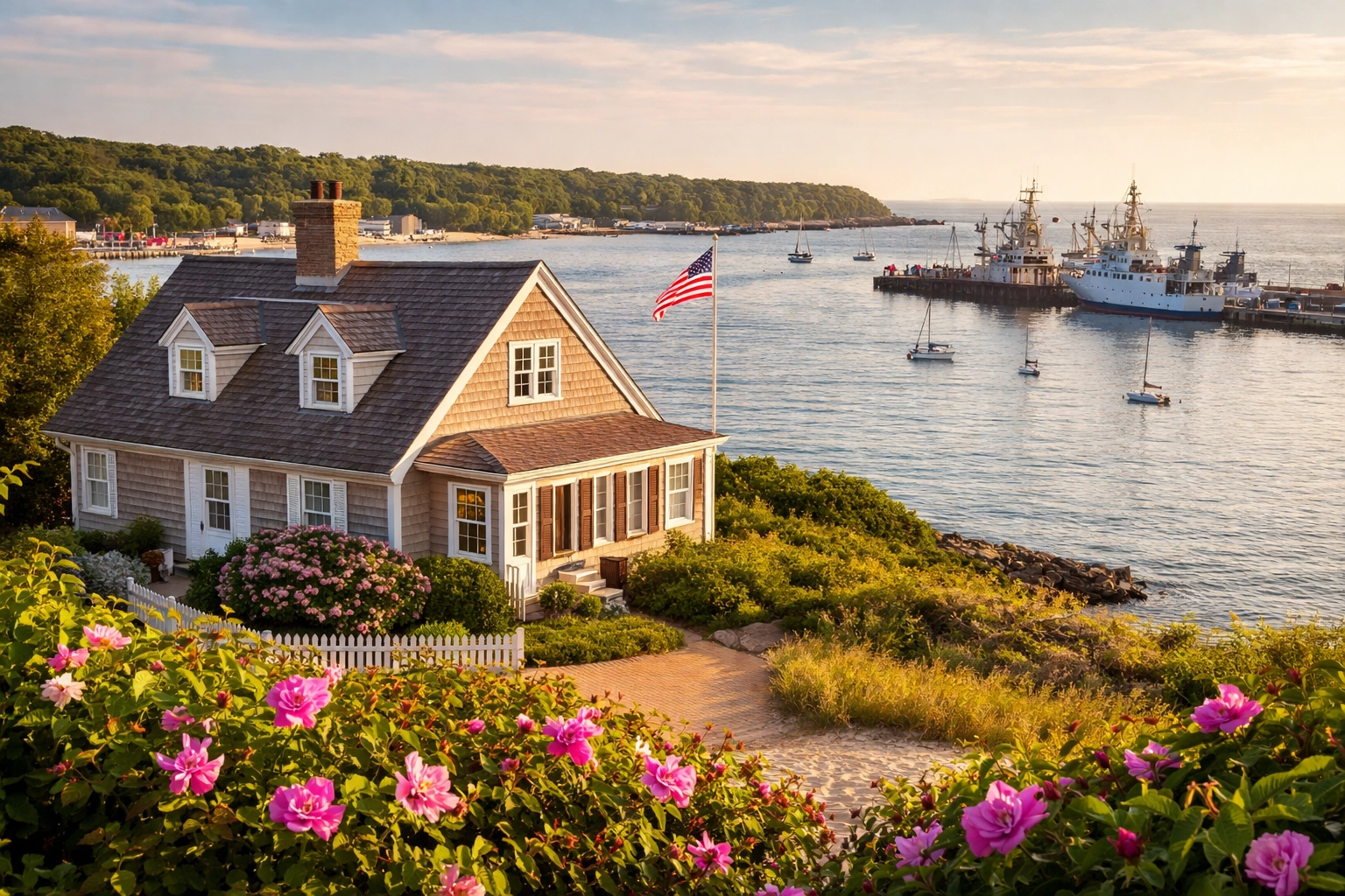 Cape Cod cottage overlooking Falmouth harbor with sailboats and coastline in late afternoon sunlight