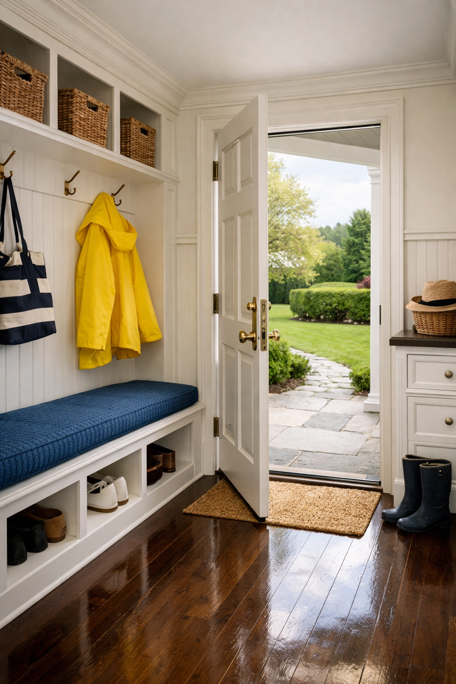 Polished mudroom entryway in a Westford home cleaned by professional residential cleaning experts.