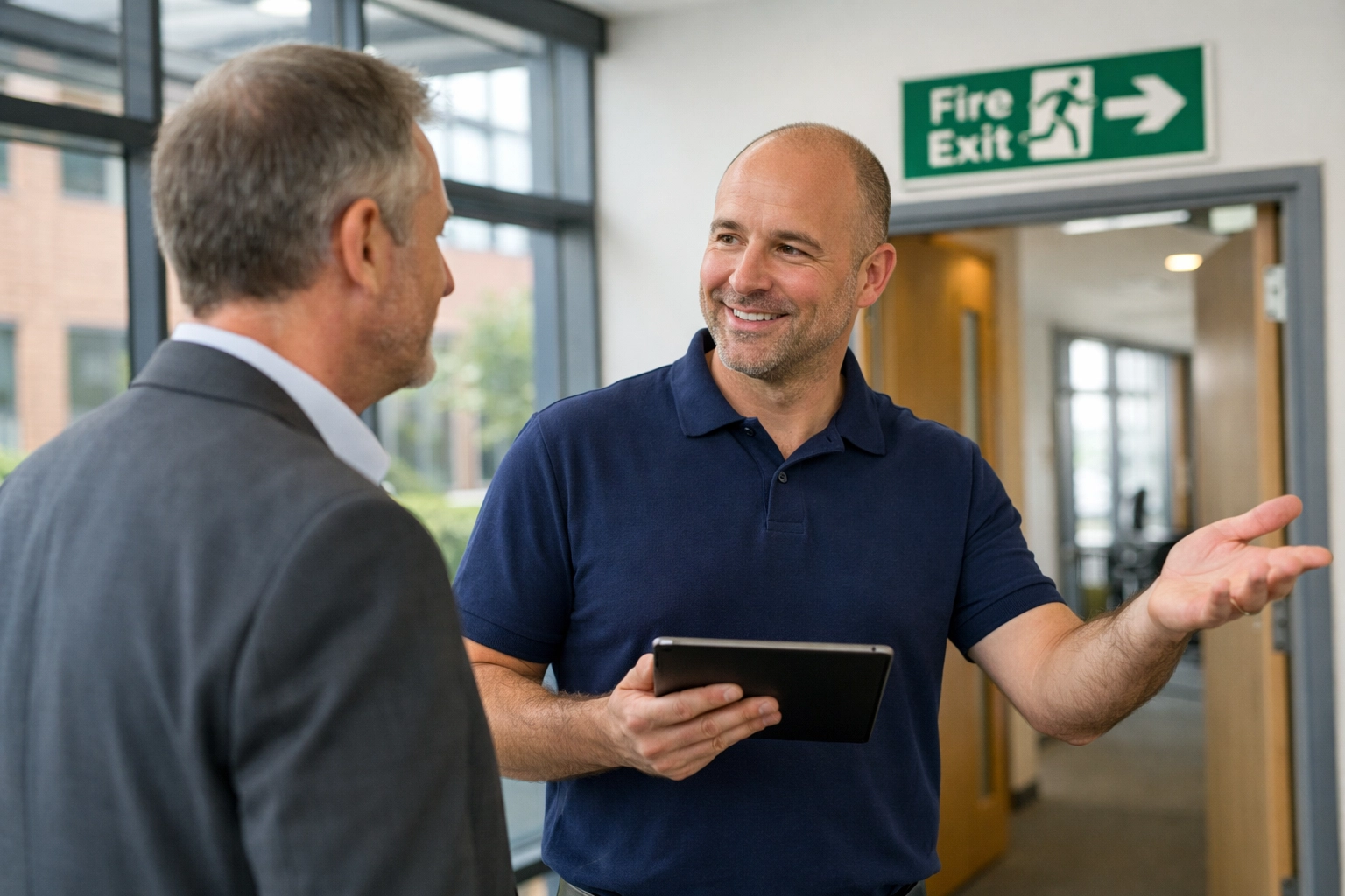Professional security consultant providing a business security camera survey in a Swindon office lobby.