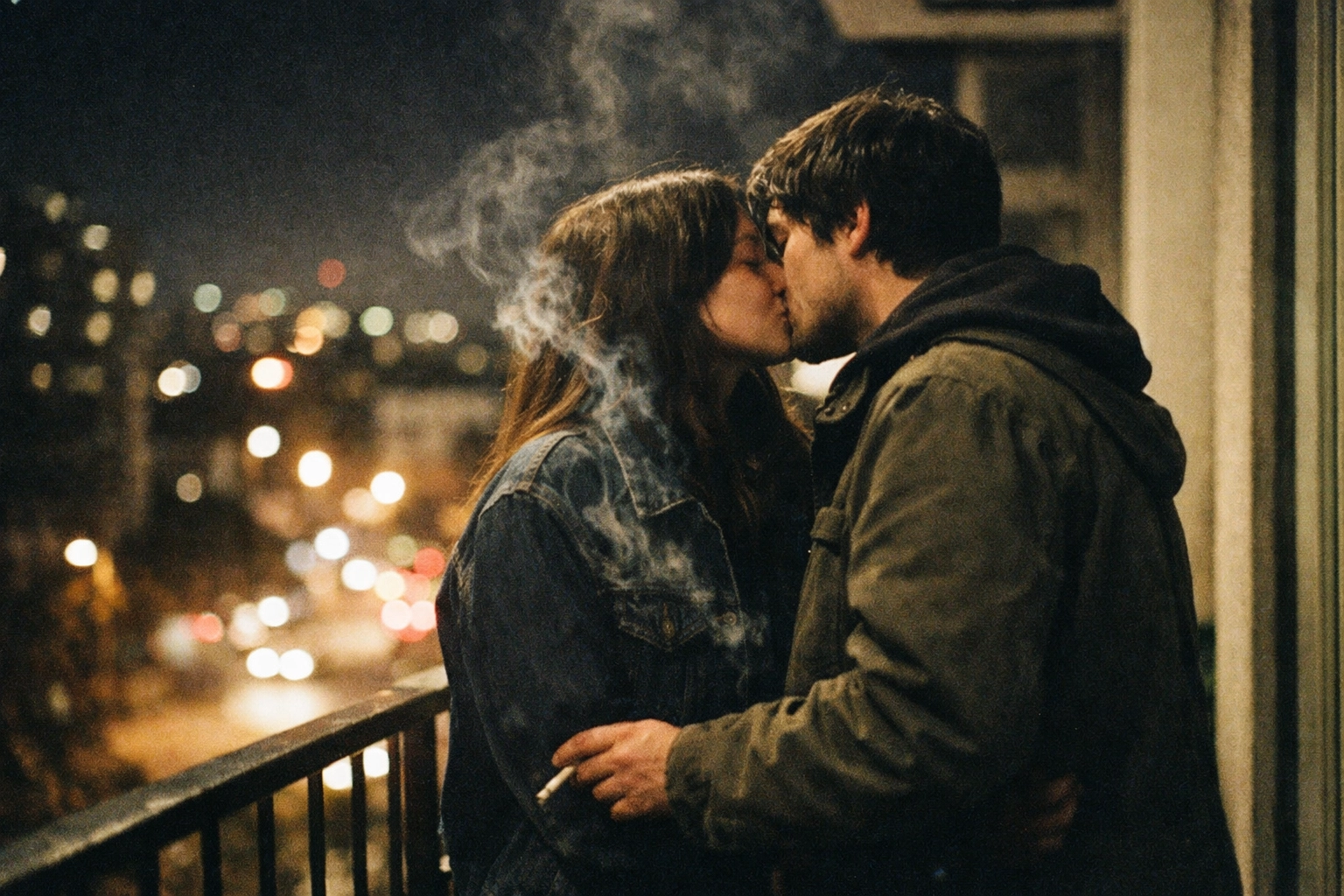 Couple kissing on a night balcony, city lights blurred—romance with edges, not disaster vibes