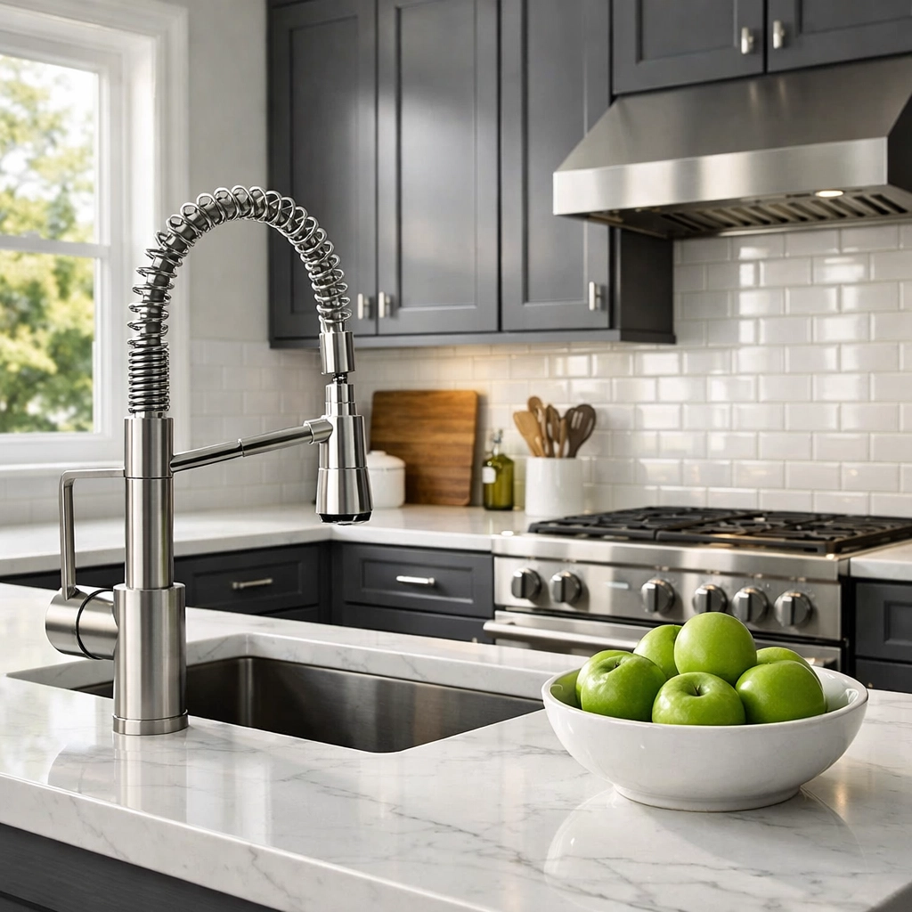 High-quality Greater Columbus kitchen remodeling featuring durable grey cabinets and white quartz.
