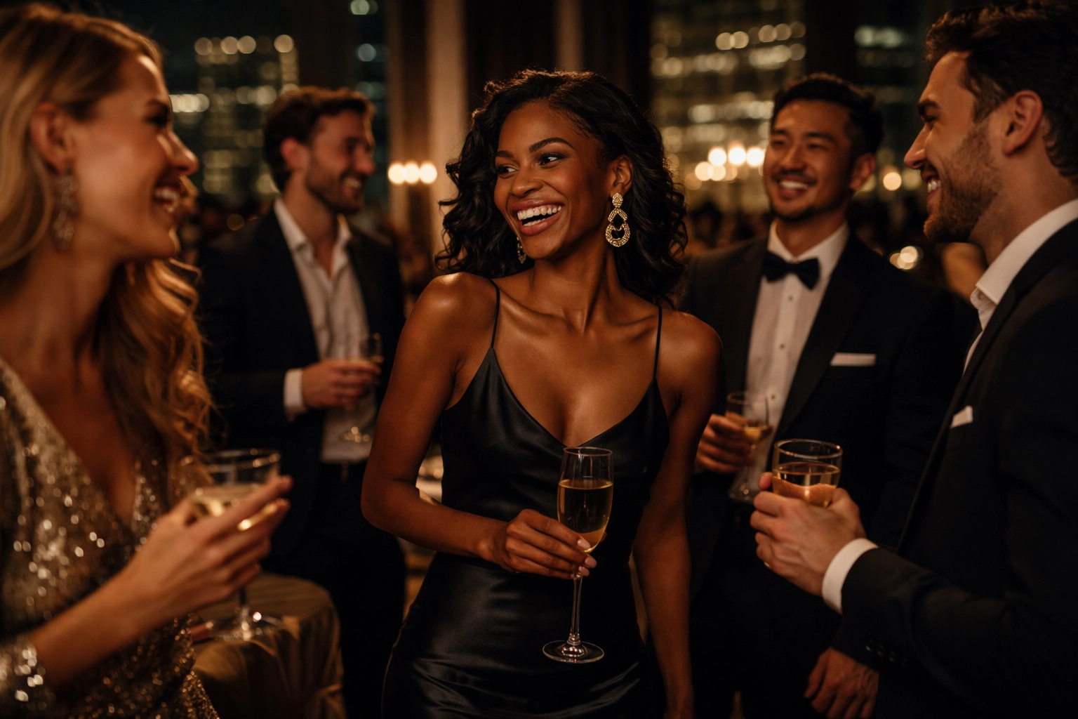 Candid editorial photography capturing elegantly dressed guests at an upscale evening event
