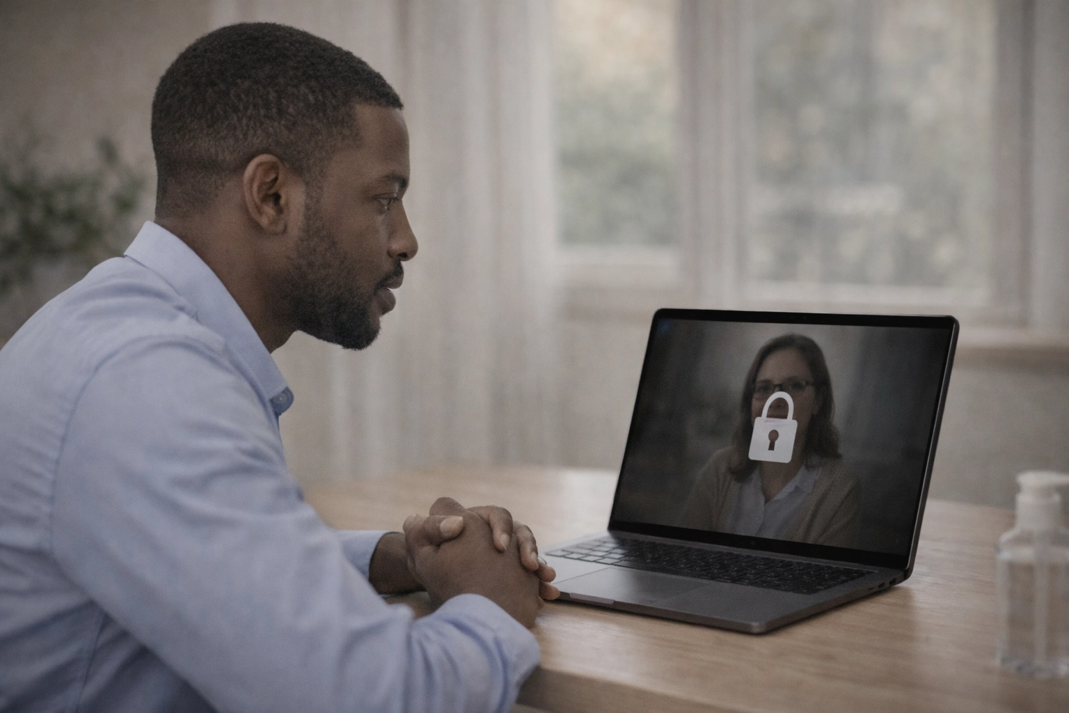 Secure laptop on a desk prepared for a private and confidential virtual mental health counseling session.