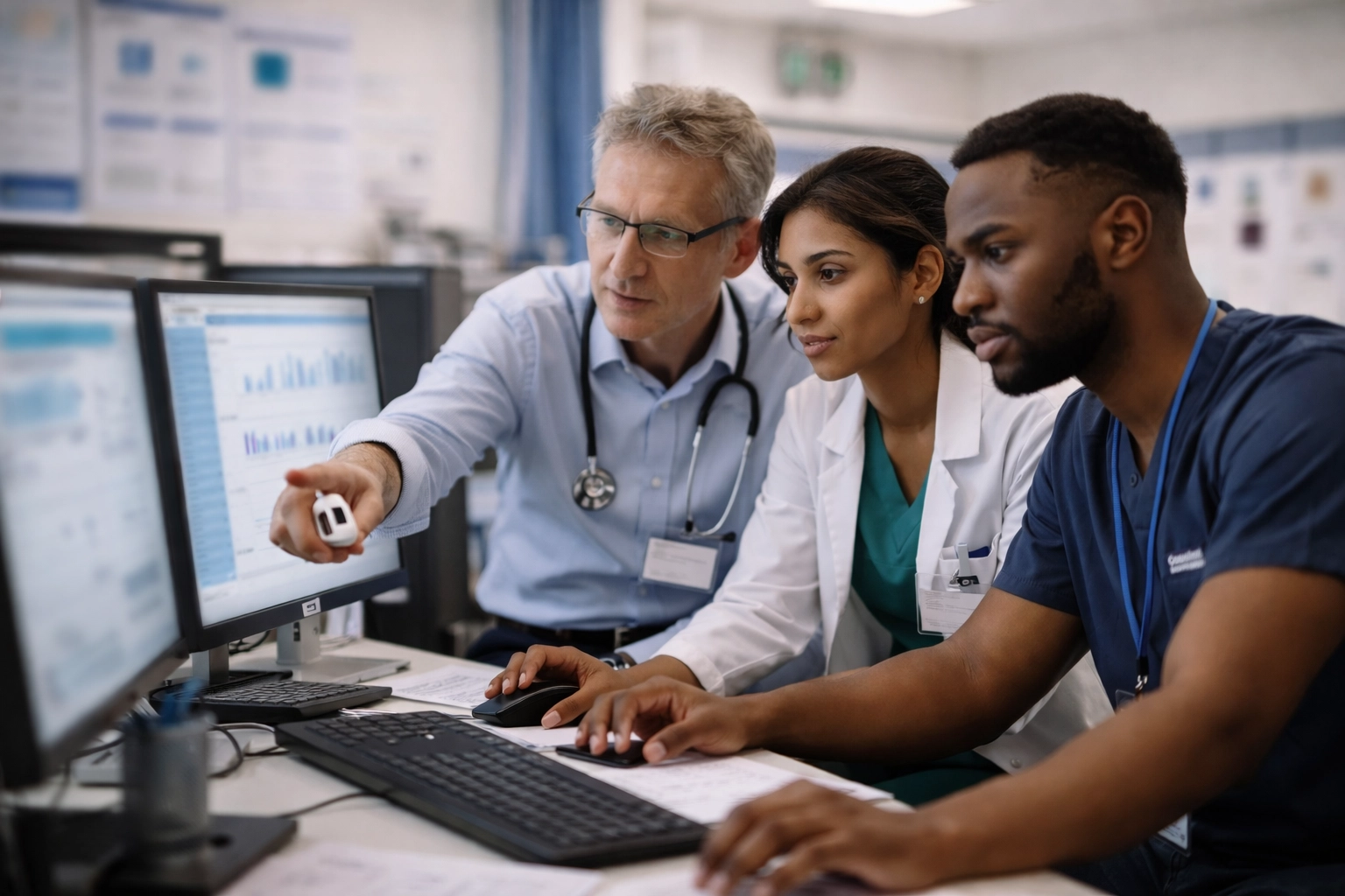NHS respiratory healthcare team reviewing patient data together in a hospital department