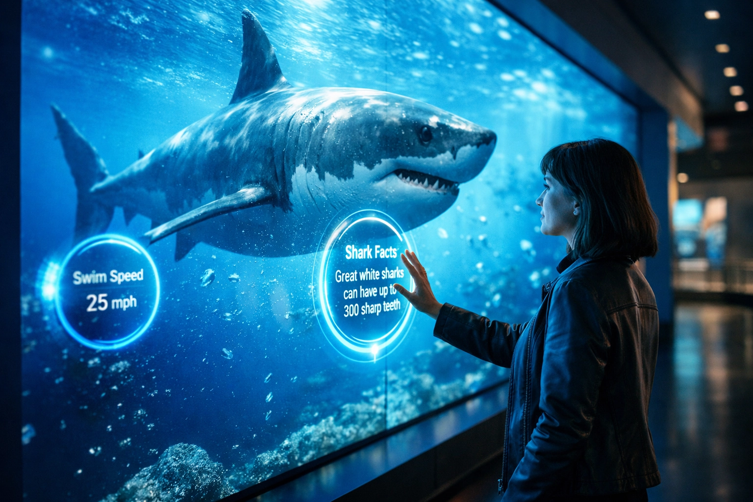 Guest engaging with an interactive digital wall showing sea life at a high-tech aquarium.
