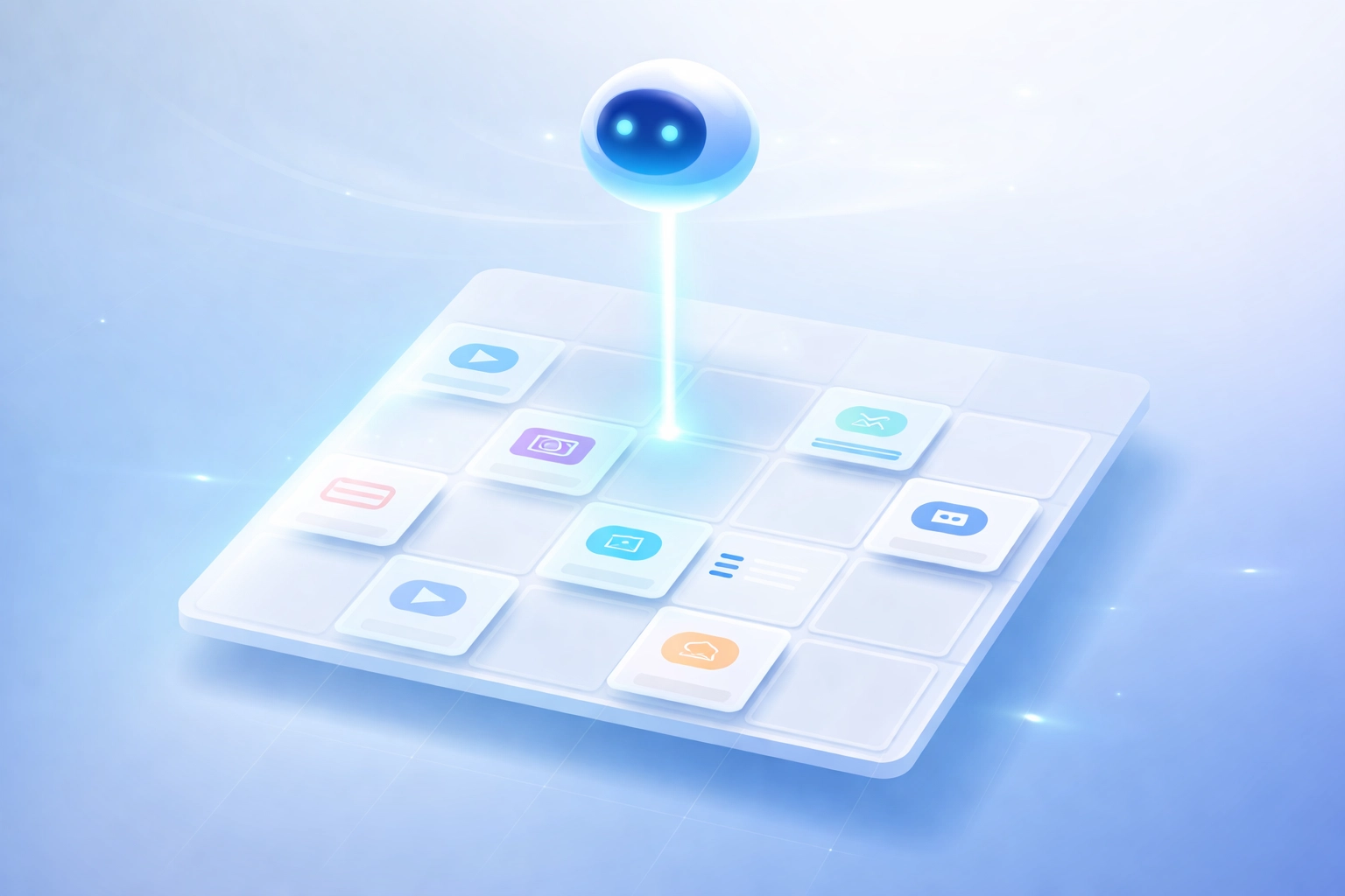 A minimalist calendar filled with glowing content cards and connected to an AI orb, illustrating automated content planning.