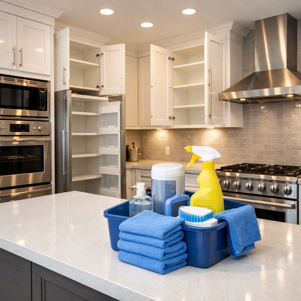 Spotless white kitchen cabinets and counters ready for move-in/move-out cleaning Lowell.