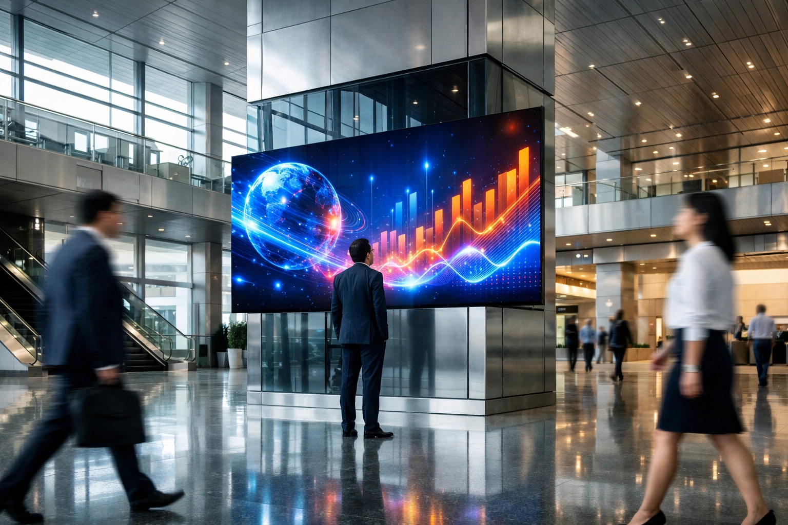 A modern transit hub featuring a digital signage pillar for strategic brand communication and asset management.