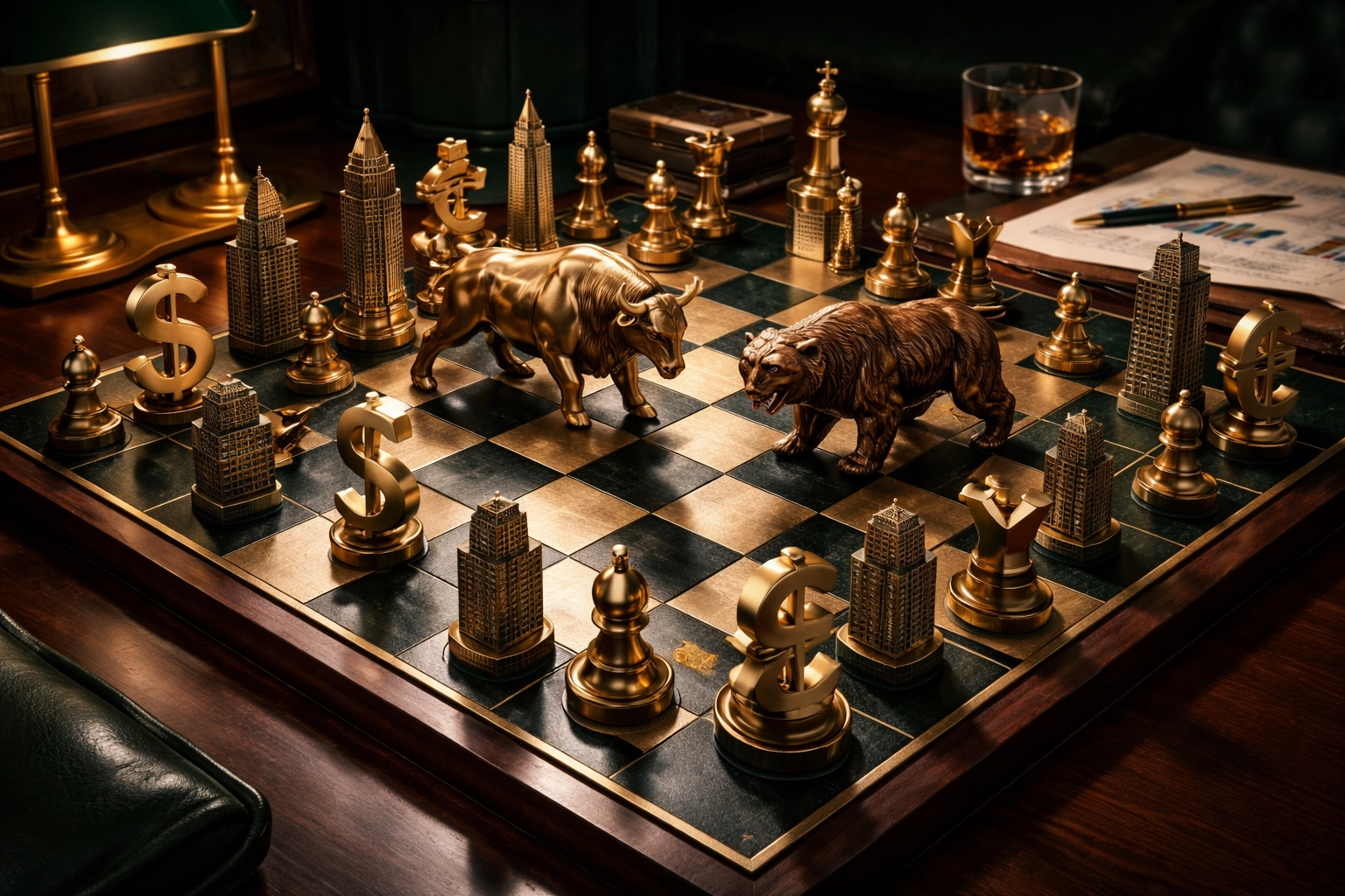 Chessboard with financial symbols highlights strategic investment decisions in hedge fund portfolio management