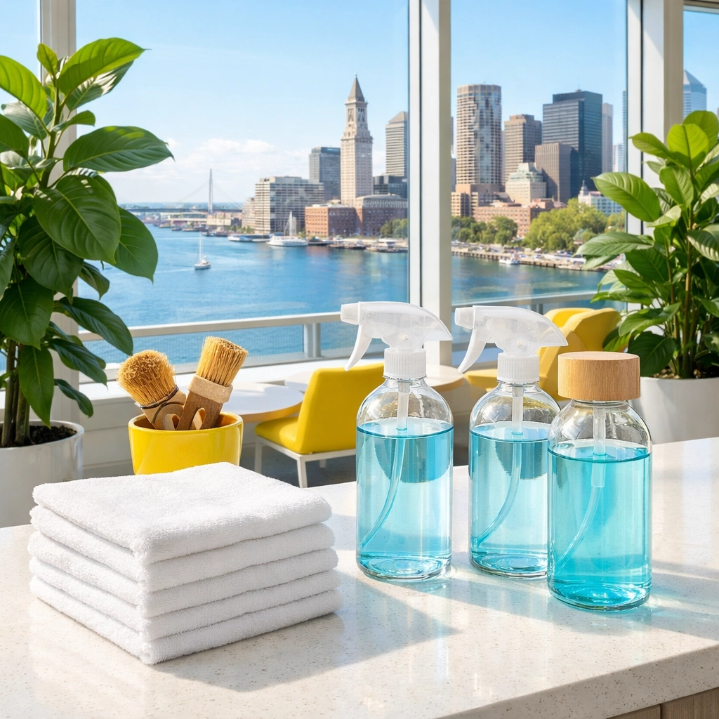 Sustainable cleaning tools in a luxury Boston office breakroom, emphasizing consistent Commercial Cleaning Boston quality.