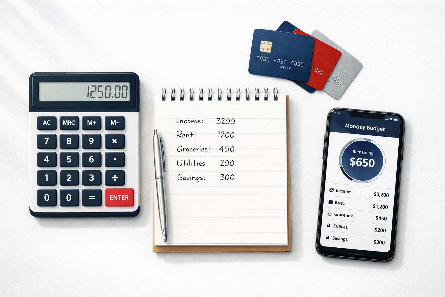 Financial planning workspace with credit cards and budget tools for credit score management