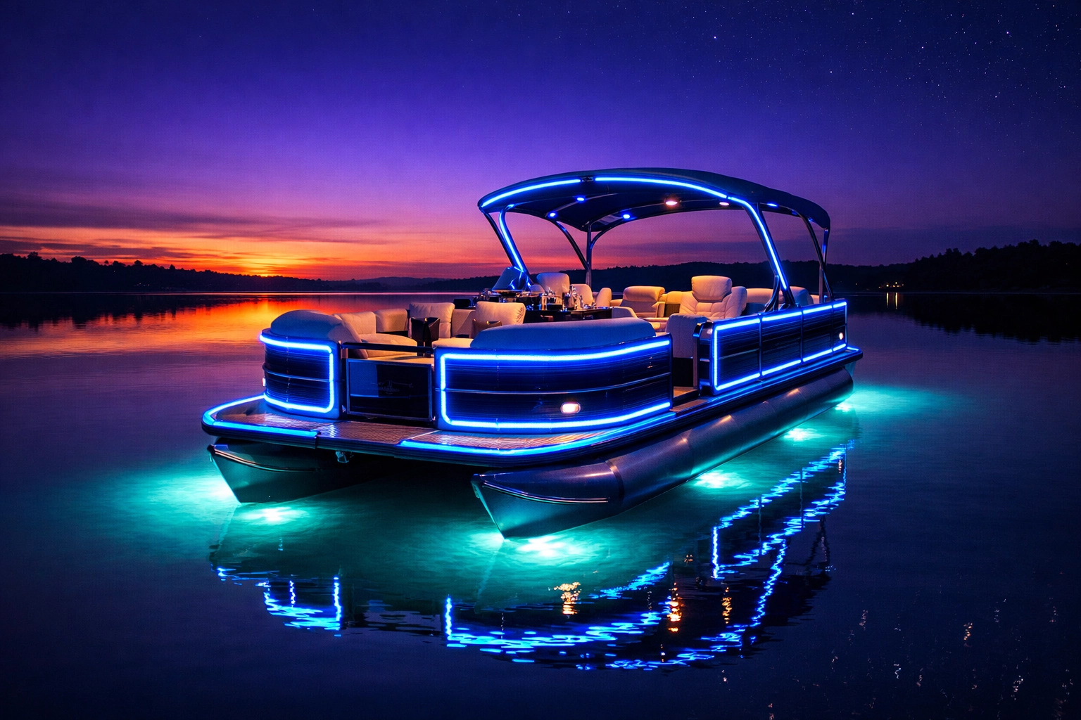 Luxury pontoon boat with blue LED rail lights and underwater lighting at twilight on a lake.