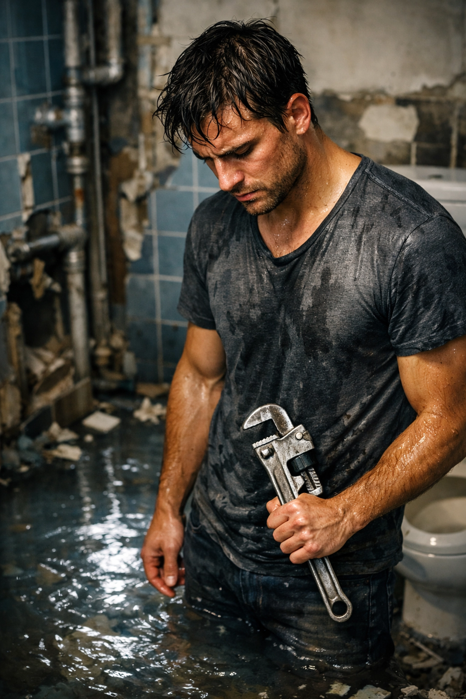 Frustrated man standing in a flooded bathroom after a DIY disaster, a classic MM romance hook.