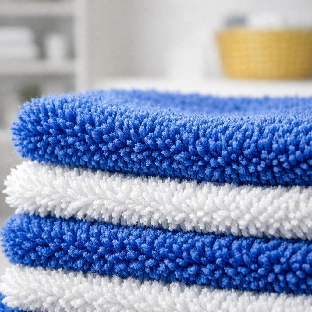 High-quality blue and white microfiber cleaning cloths stacked in a clean, modern laundry room.