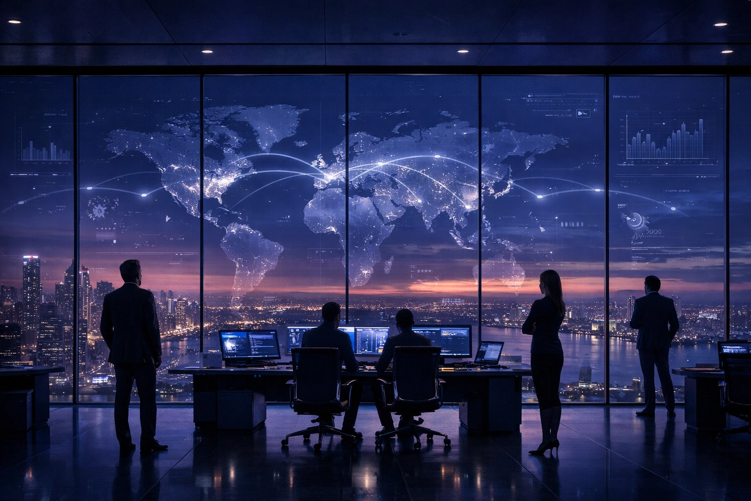 Strategic command center overlooking a futuristic city, symbolizing scalable IT infrastructure and business growth.