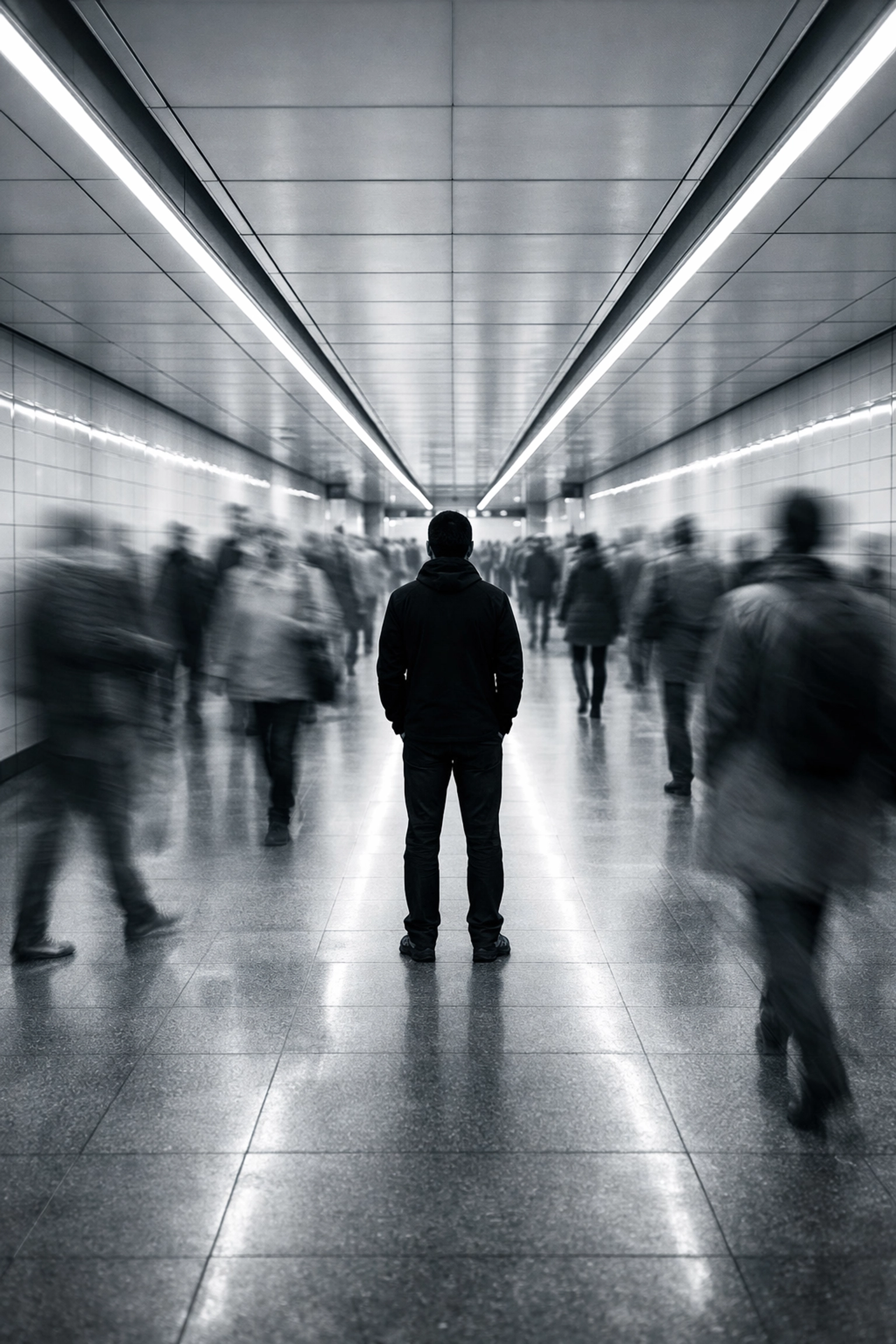 Long exposure street photography of a sharp silhouette standing still among motion-blurred subway commuters.