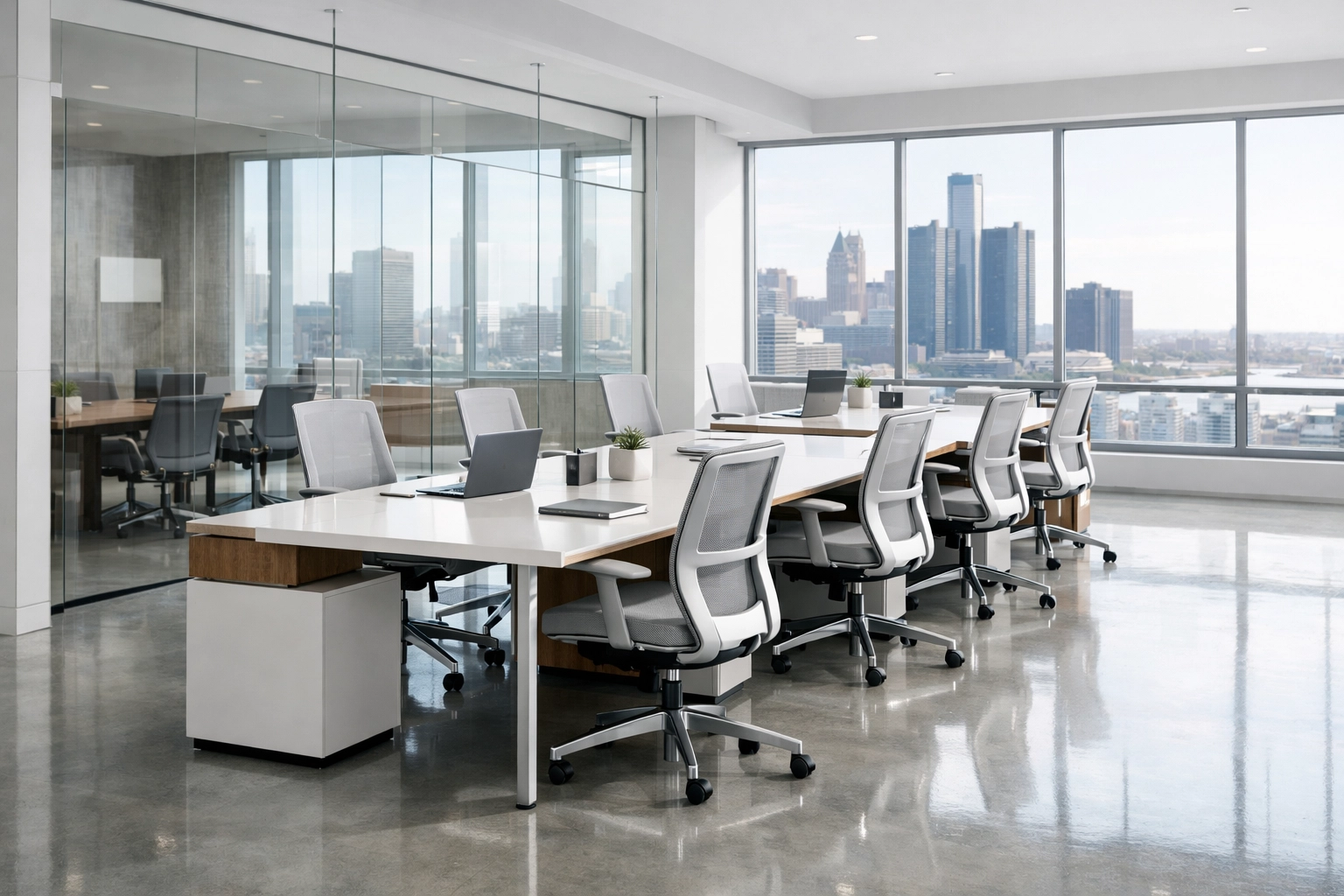 Professional Detroit office space with clean desks and polished floors after a commercial deep clean.