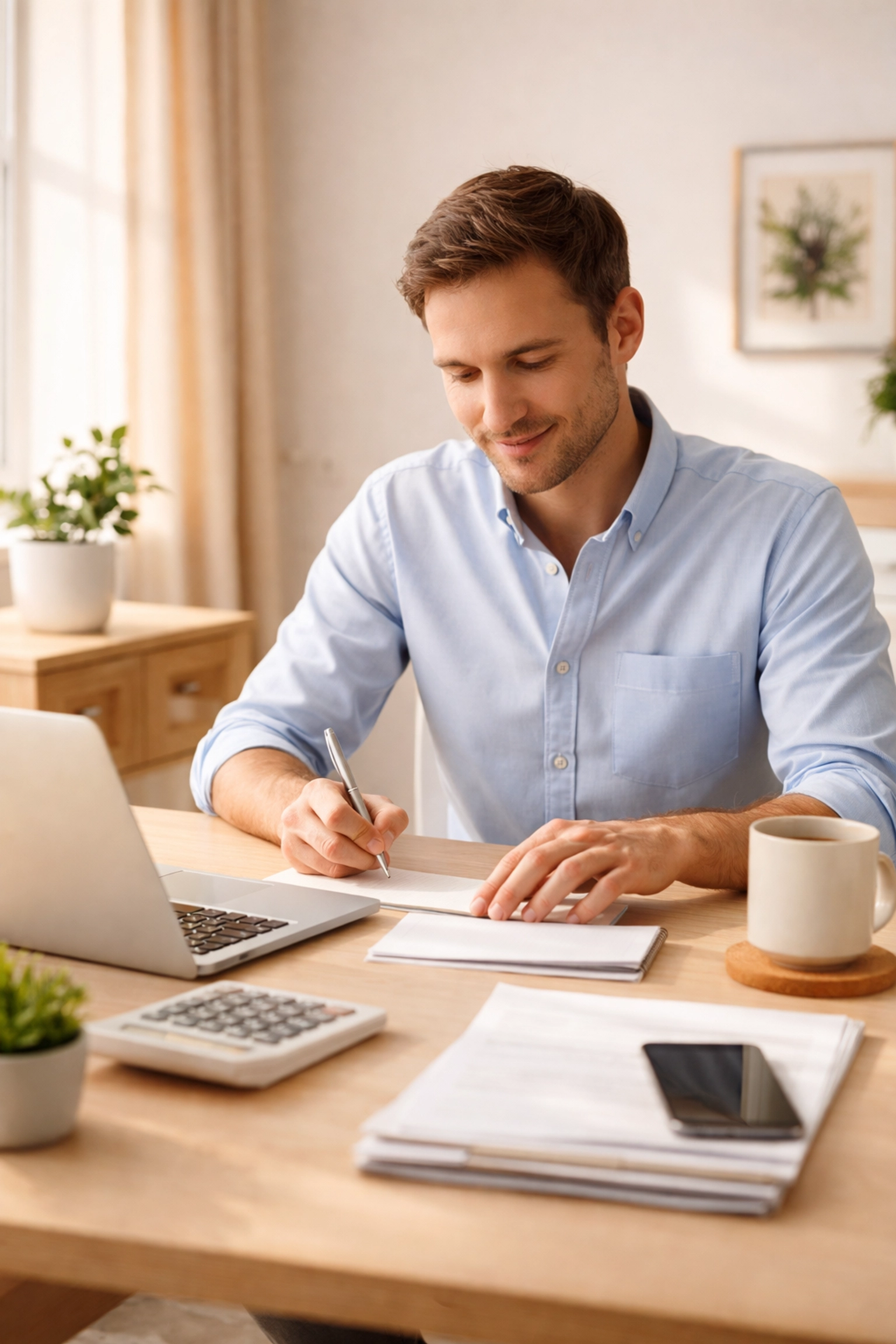 Small business owner organizing finances at a desk for accurate self-employed bookkeeping and financial clarity.-Self-Employed Bookkeeping Mistakes- Equilibrium Consultants