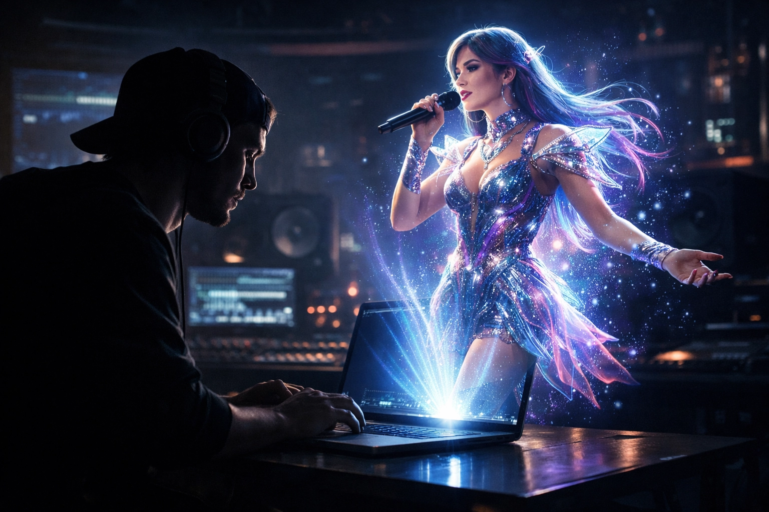 A music producer at a laptop creating a holographic virtual pop star using AI technology.