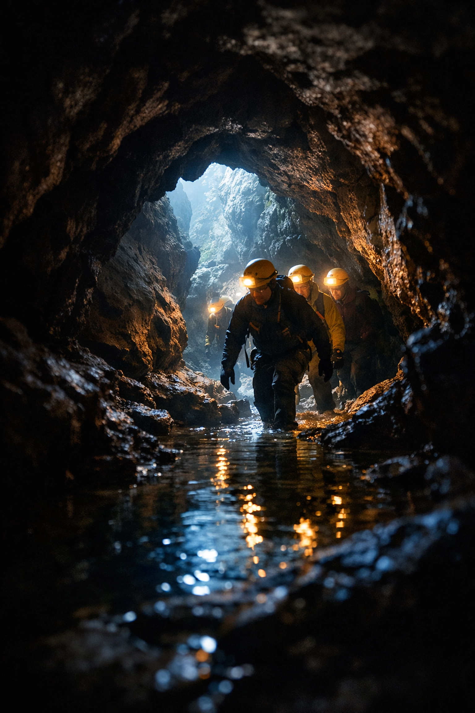 Team exploring cave with helmets during unique team building activity UK