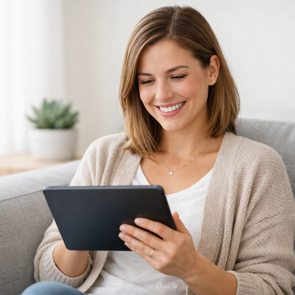 Relieved Canadian woman checking her approval for bad credit loans in Toronto on a digital tablet.