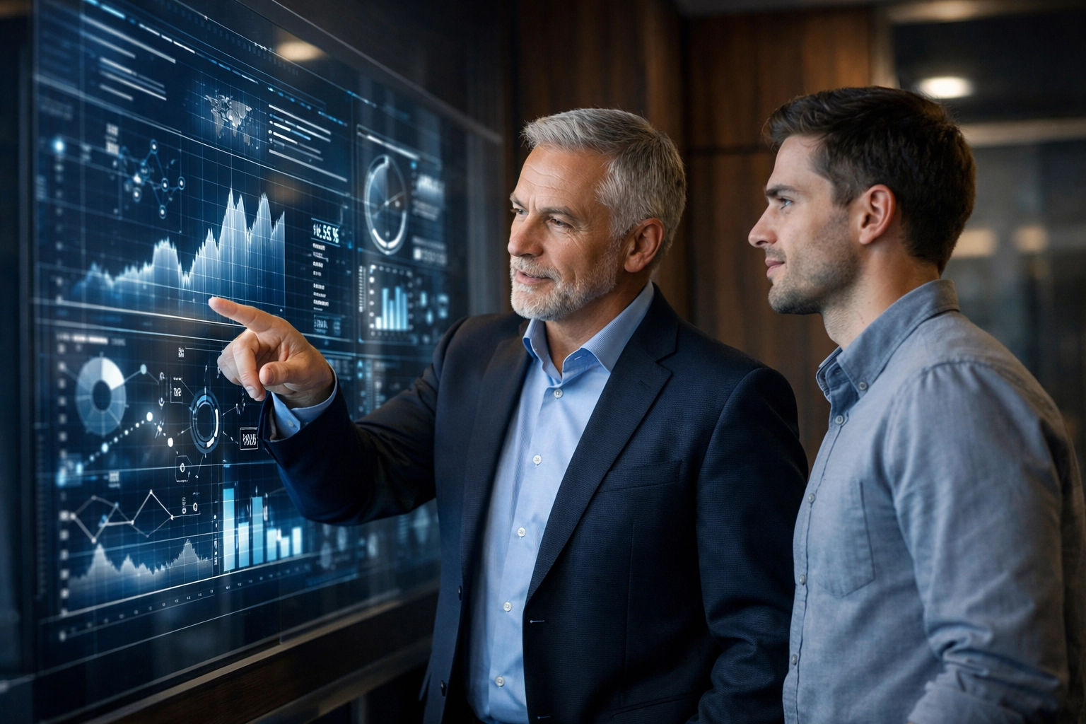 Business executive and specialist reviewing data for a strategic skills-based talent acquisition rollout.