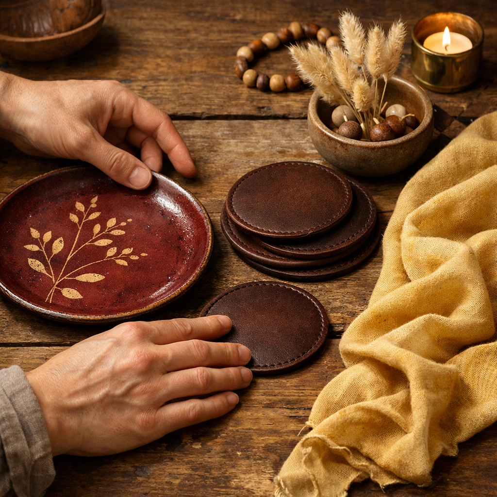 Artisan hands arranging handcrafted burgundy ceramic plate with chocolate leather coasters