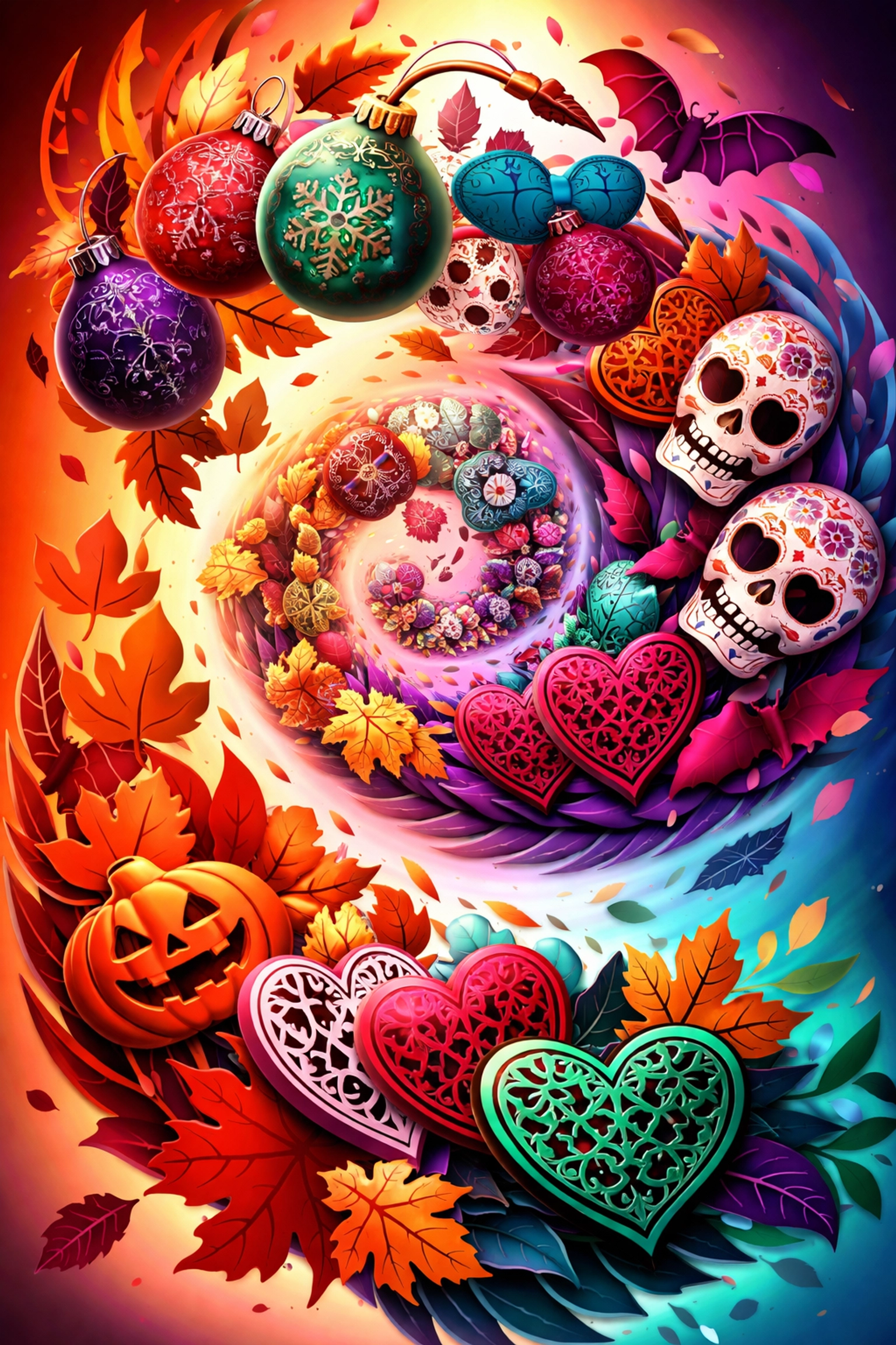 Holiday SVG bundle designs: Christmas ornaments, Halloween sugar skulls, Valentine hearts, and autumn leaves