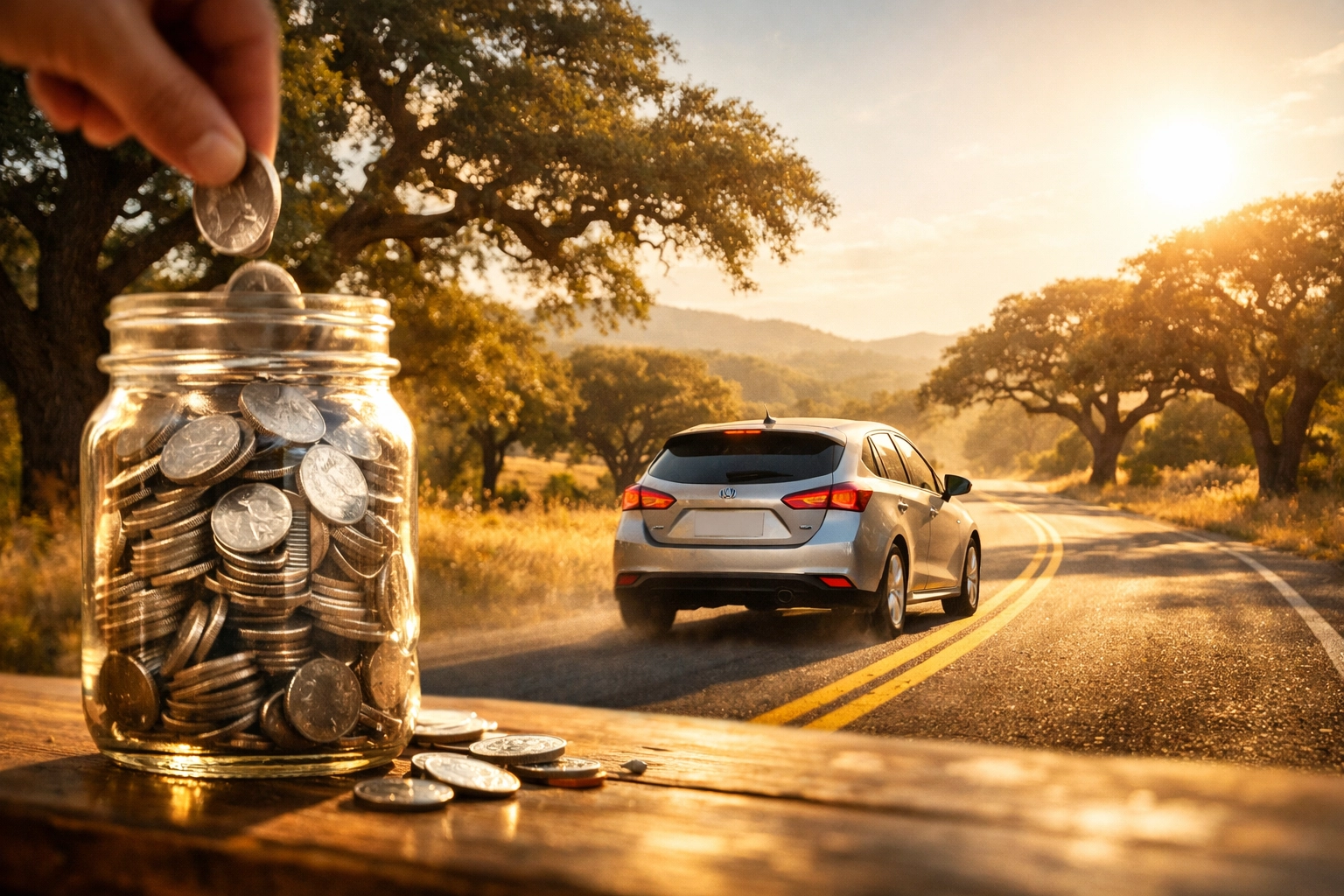 Car driving through San Marcos near silver coins representing the 72.5 cent mileage deduction.