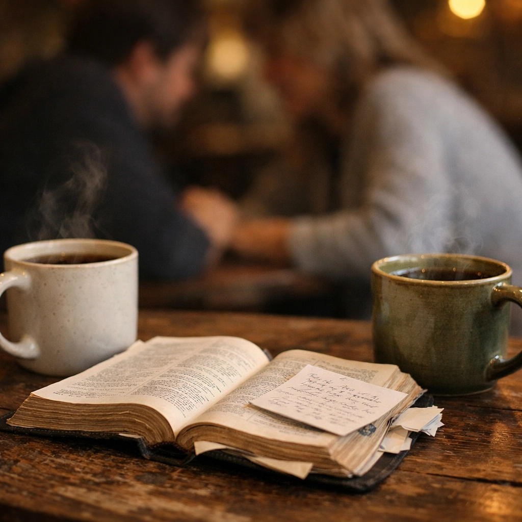 An open Bible and coffee mugs on a table, symbolizing relational trust and one-to-one discipleship.