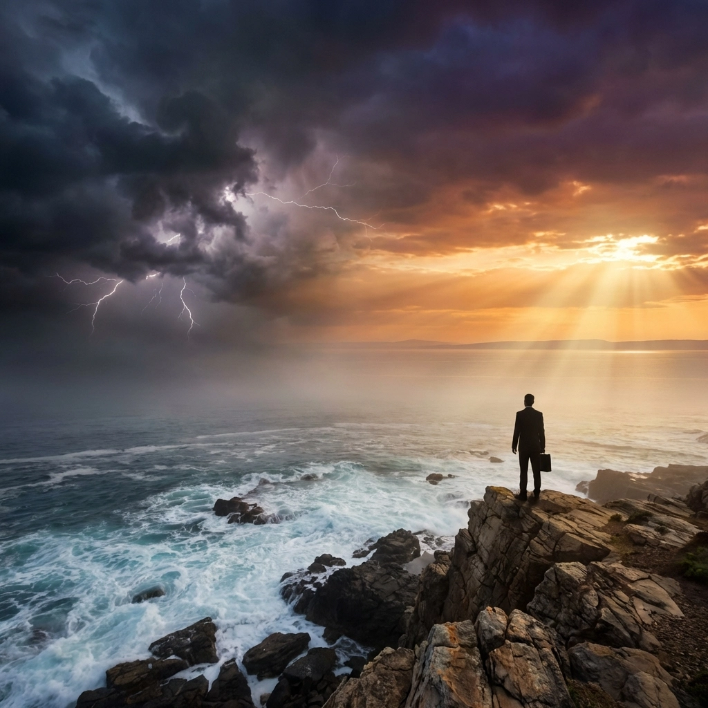 Investor overlooking stormy ocean at sunset symbolizing resilience and patience in alternative investments