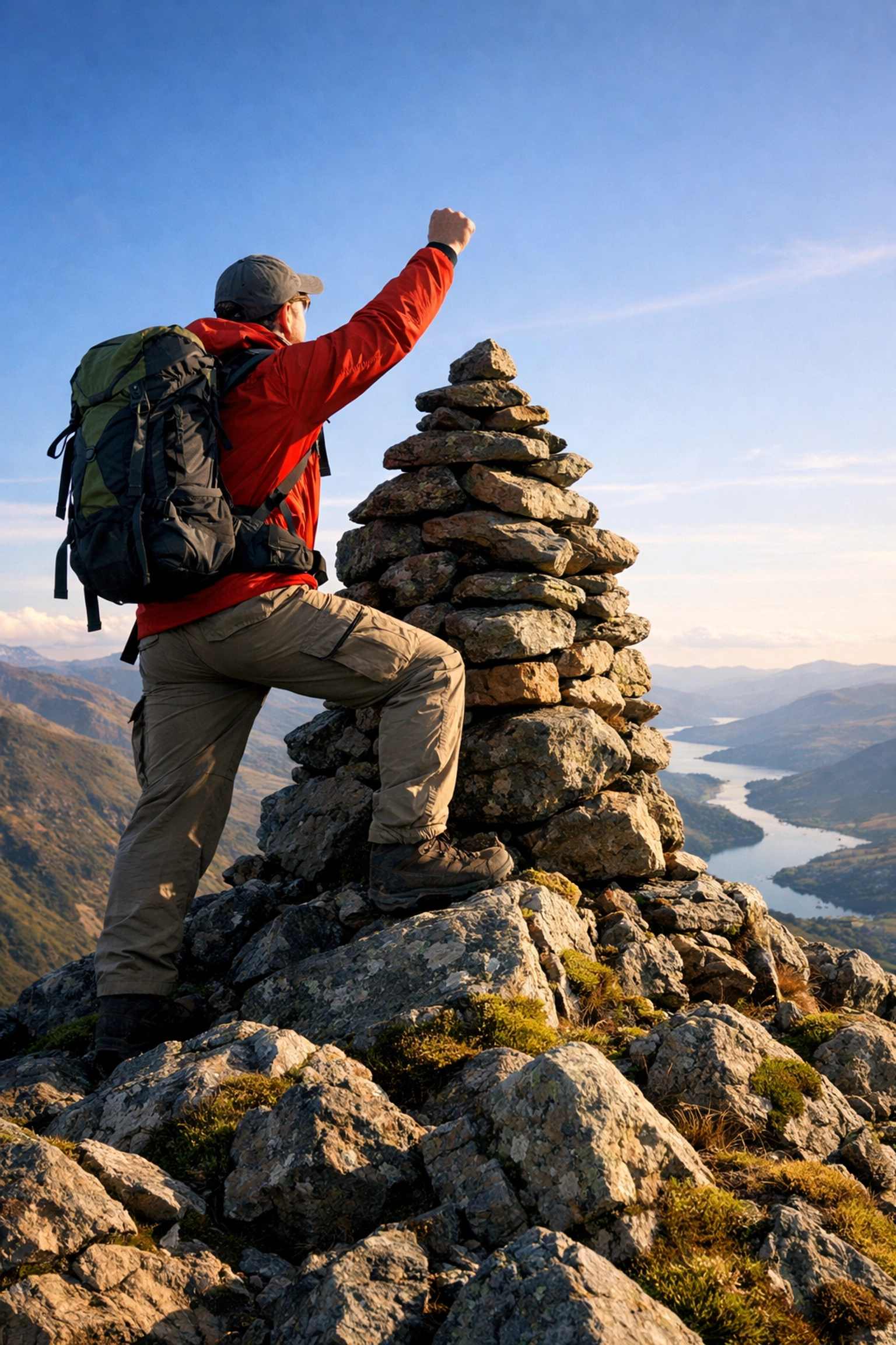A triumphant hiker reaches the rocky summit cairn after conquering their first peak in the UK.