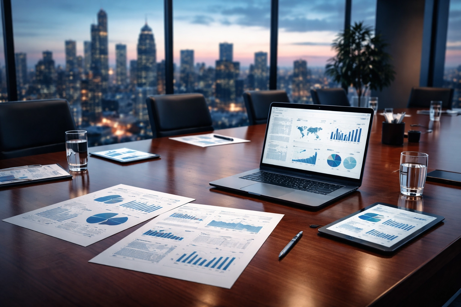 Corporate boardroom with financial documents and digital devices, illustrating high risk merchant account review process