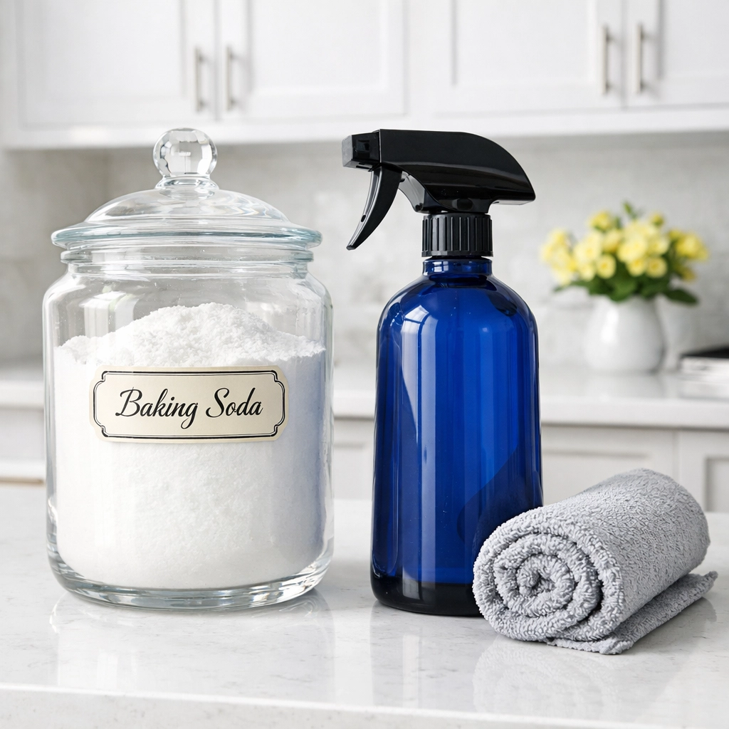 Natural grout cleaning supplies including baking soda and a spray bottle on a modern white countertop.