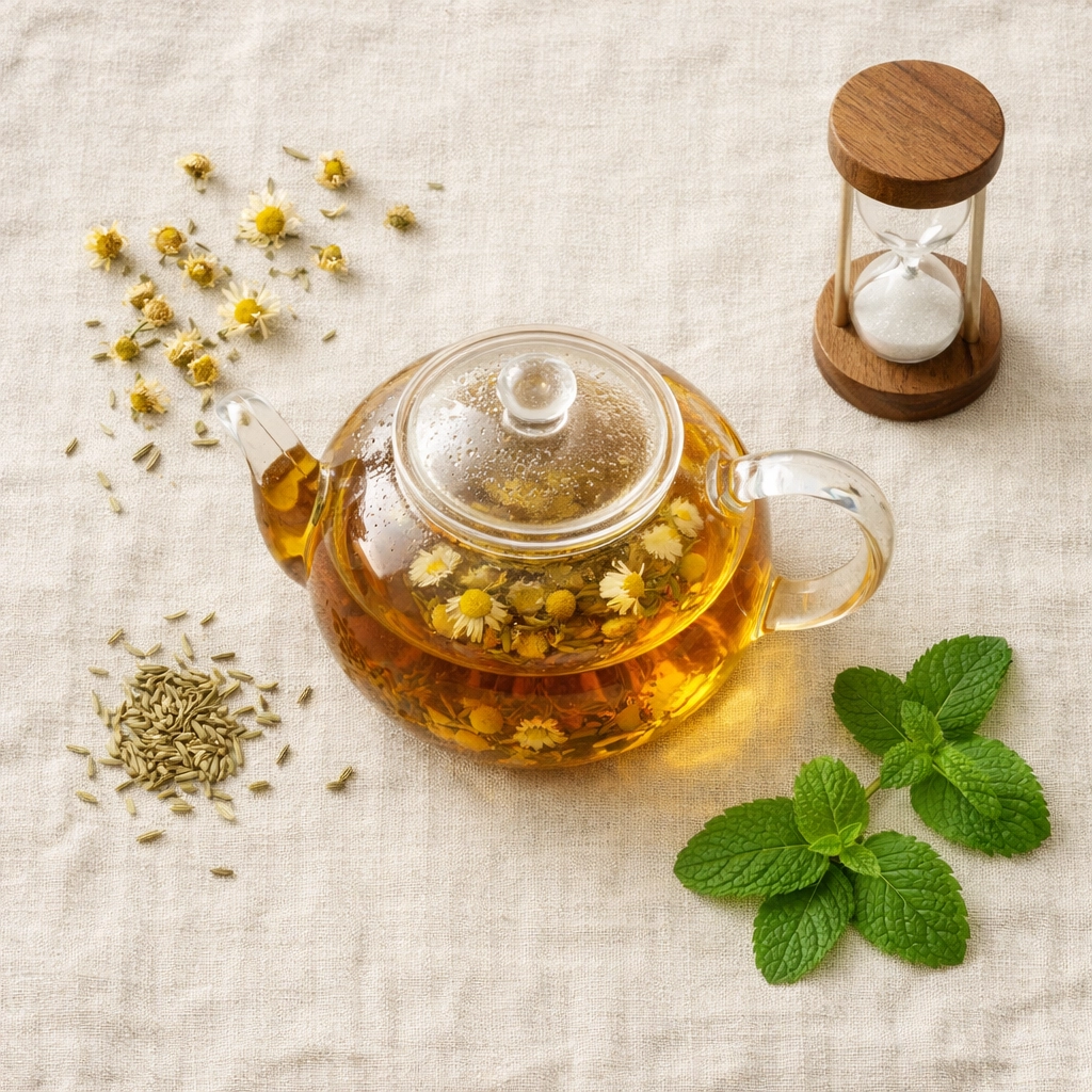 Herbal digestion tea steeping in a glass teapot with chamomile, fennel, and mint for a daily wellness ritual