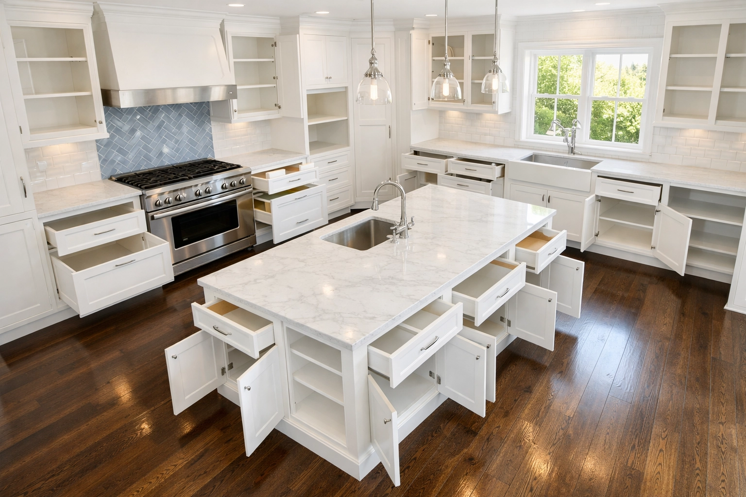 Empty luxury Westford kitchen after a professional move-in cleaning service showing pristine cabinets.