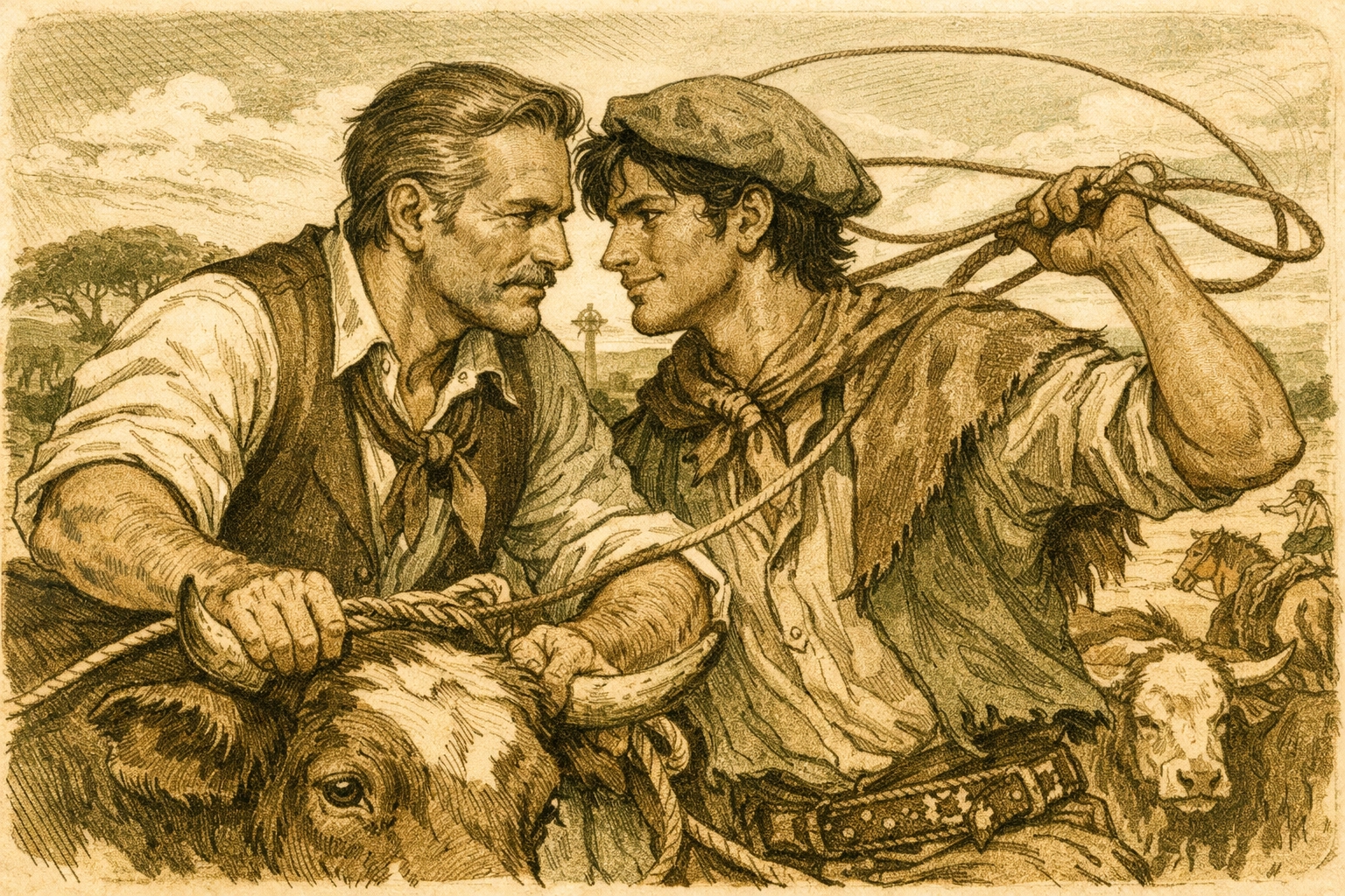 Wealthy estanciero and skilled gaucho working cattle together on Argentine ranch, gay romance