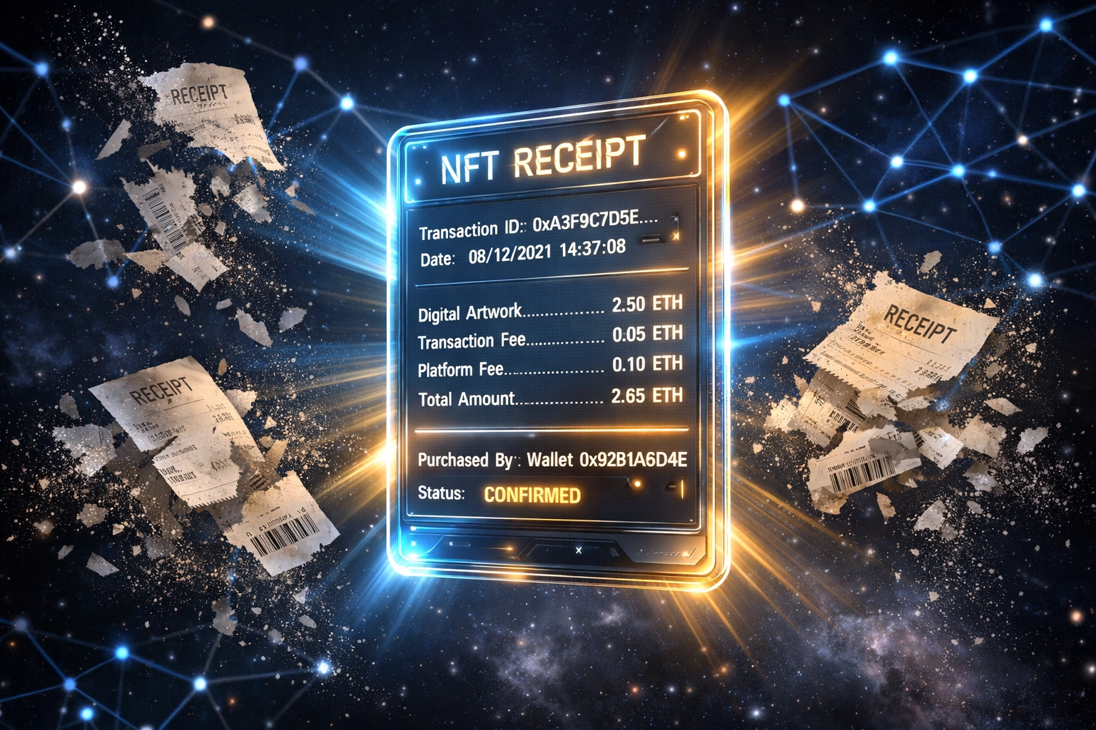 NFT receipt card displaying crypto transaction details with blockchain verification