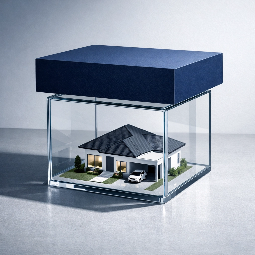 House trapped in a glass box under a heavy slab, symbolizing the SMSF Division 296 tax liquidity crisis.