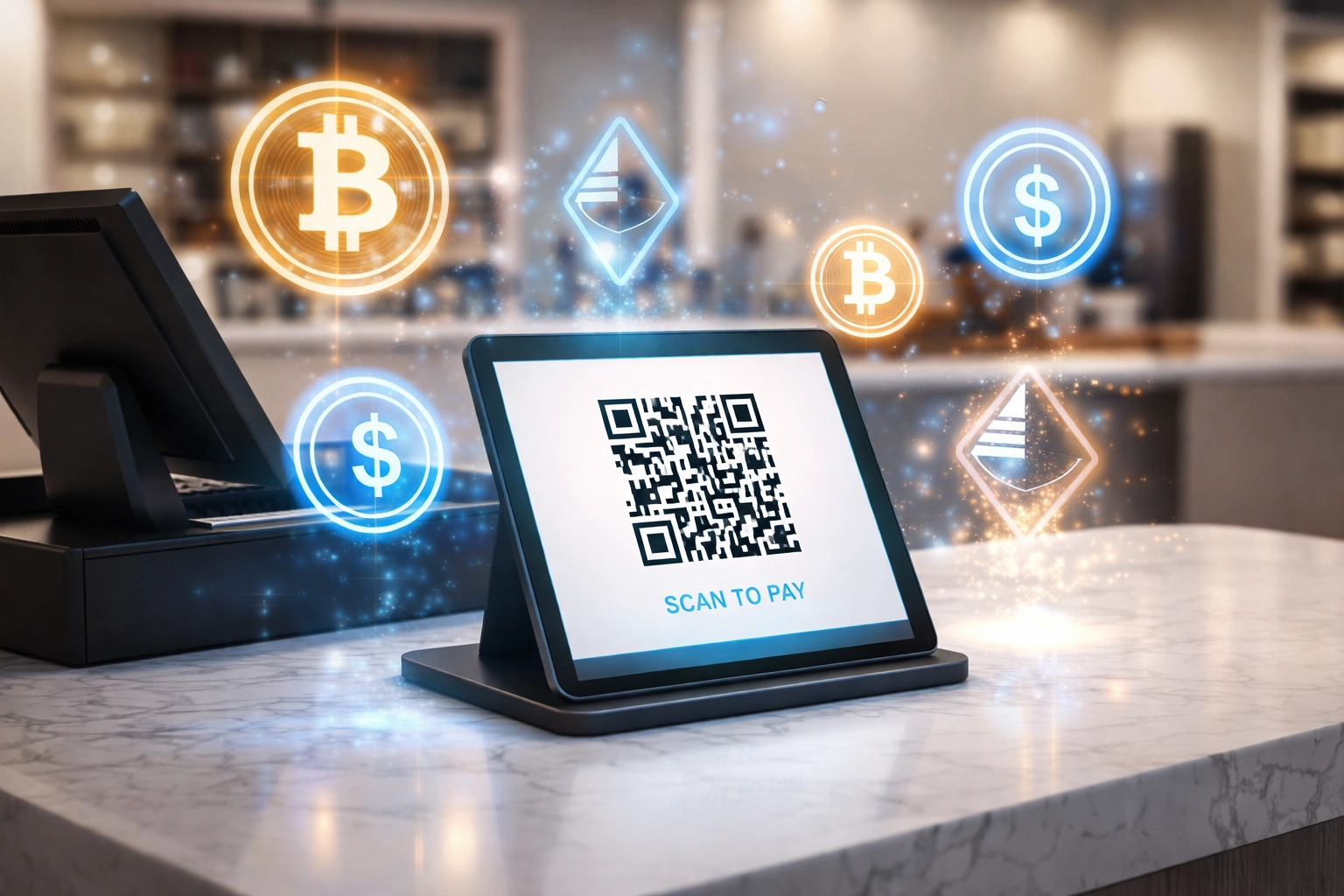 Modern retail checkout with QR code accepting Bitcoin, Ethereum, and stablecoins for instant crypto POS payments