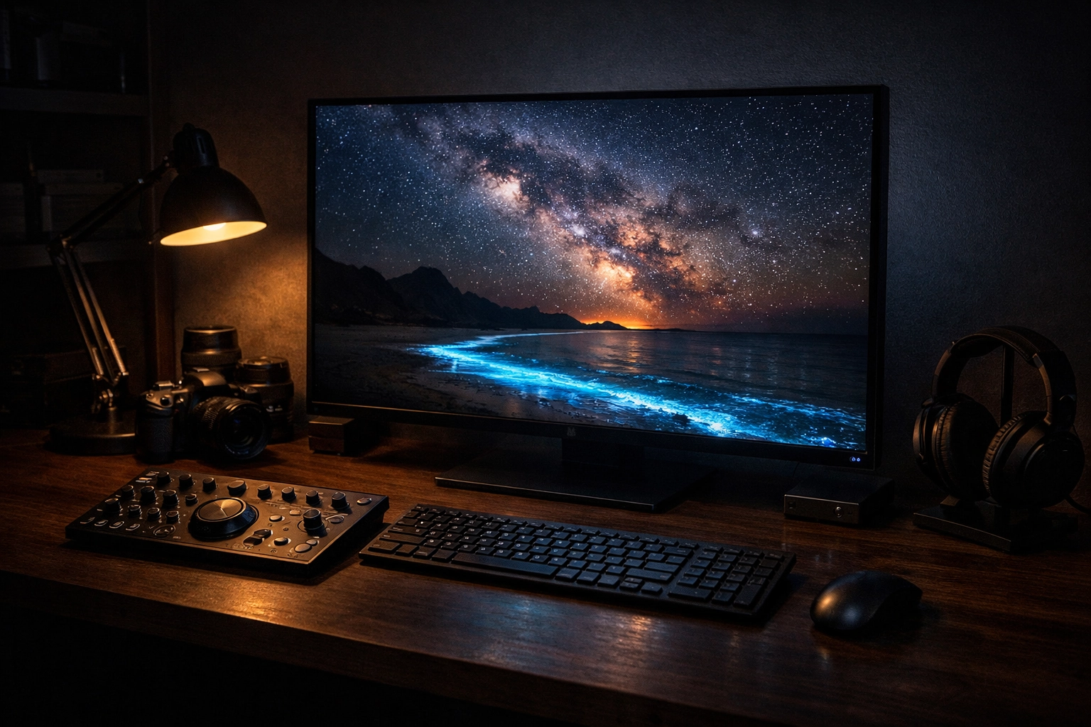 Photographer's studio with advanced editing software, proving post-processing gear matters in 2026.