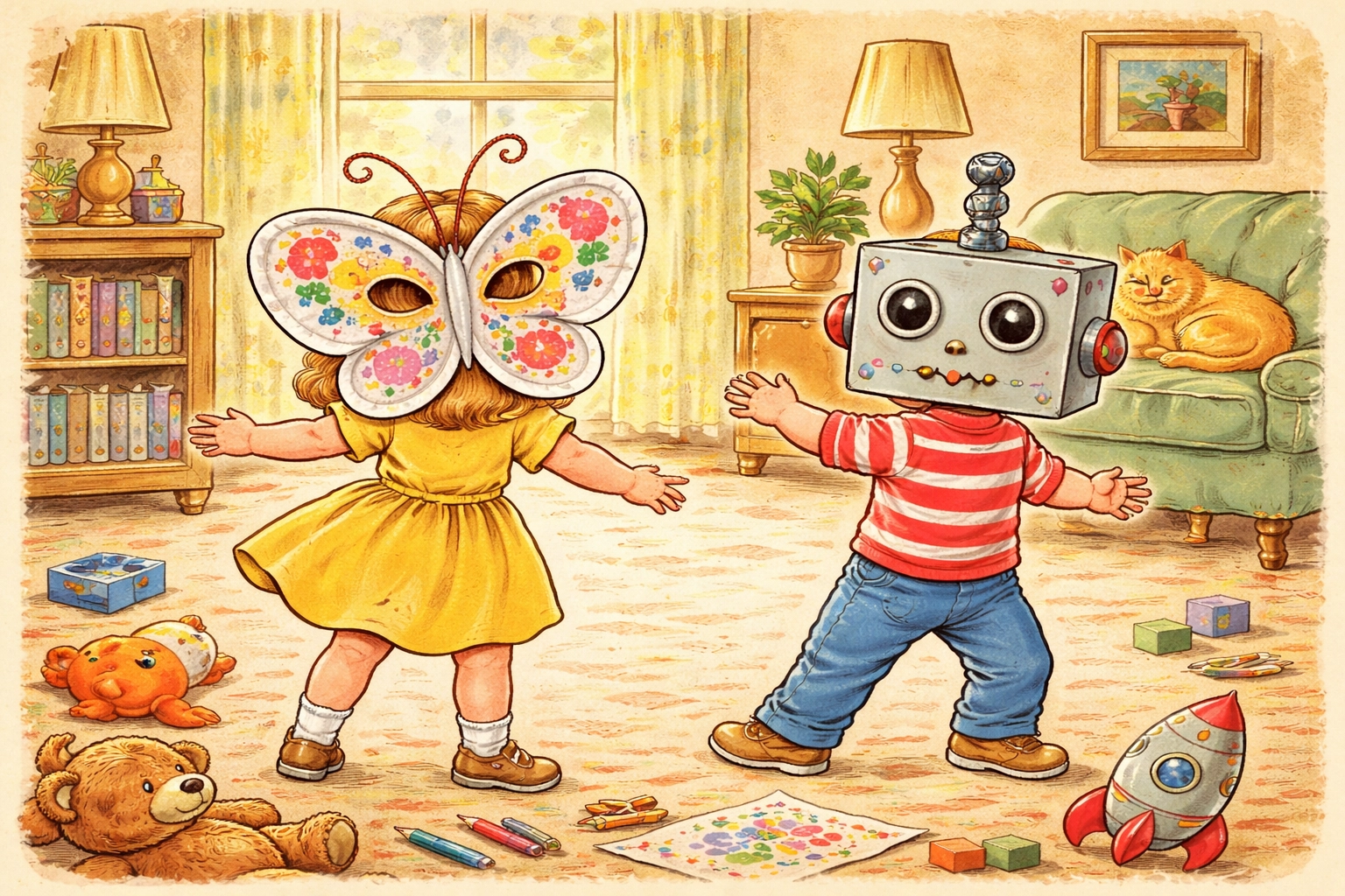 Children playing in a living room wearing homemade butterfly and robot paper plate masks